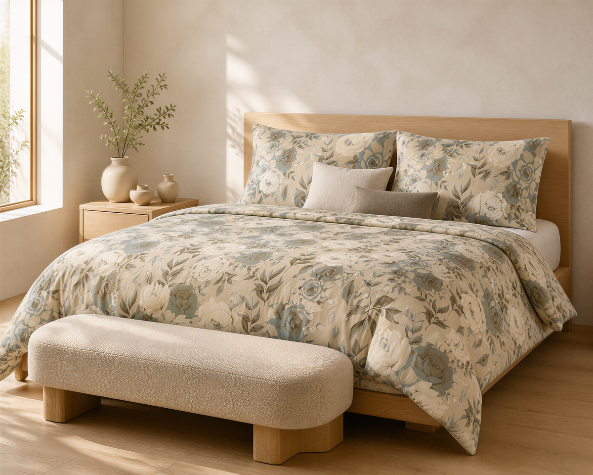a serene and cozy bedroom with a large bed adorned with a floral comforter and pillows, a wooden headboard, and a window that allows natural light to fill the space.