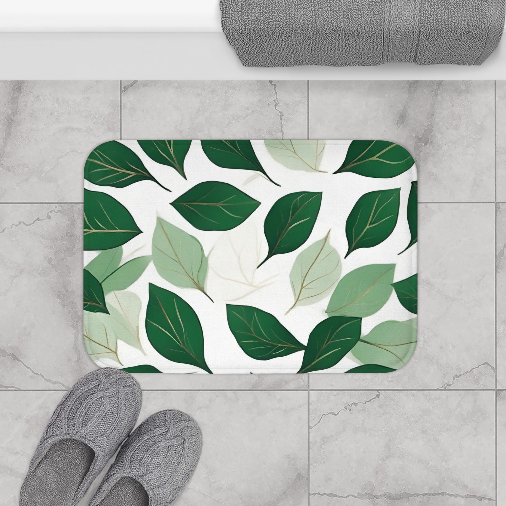 Floral Bath Mat | White, Emerald Sage Green leaves