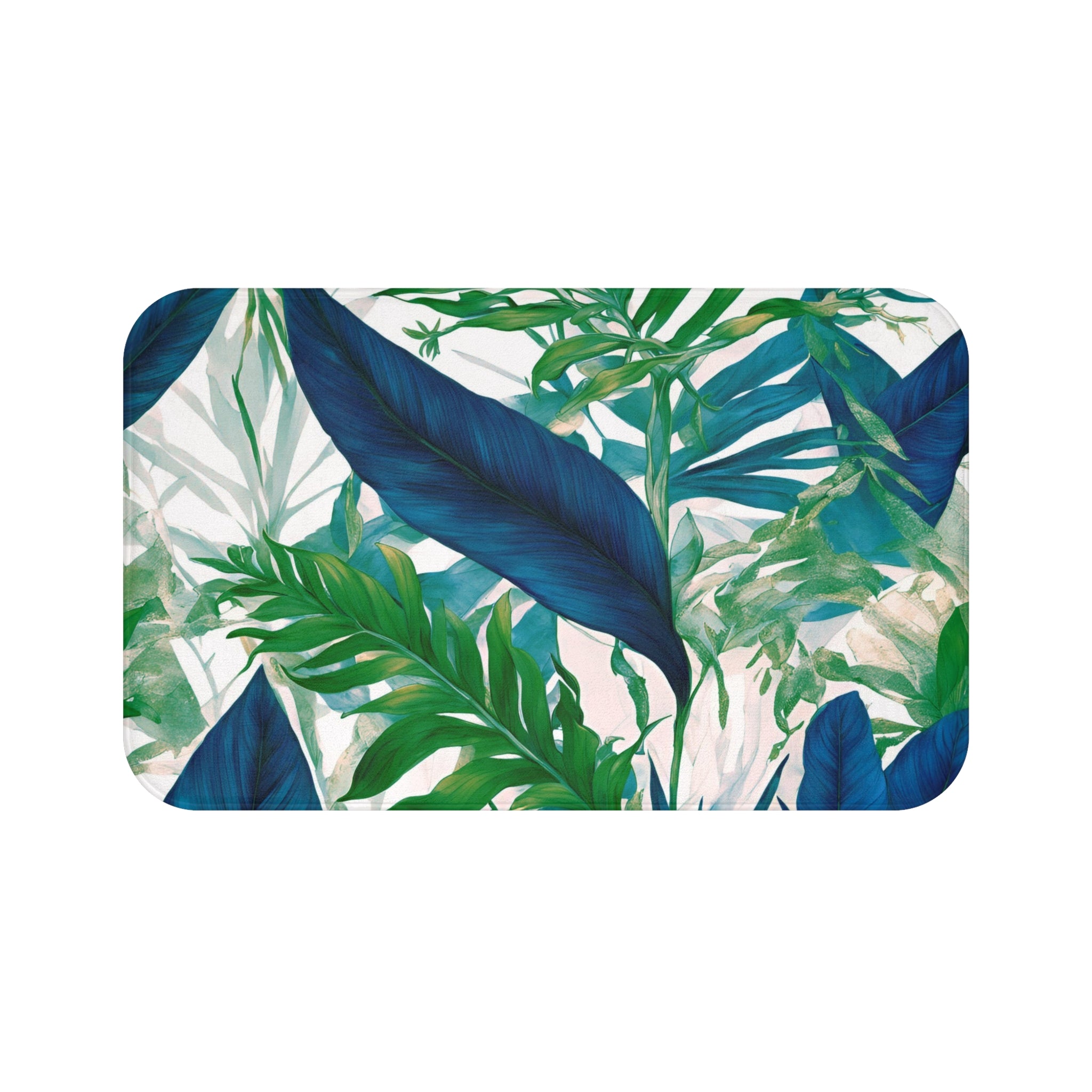 Tropical Floral Bath, Kitchen Mat | Coastal Indigo Blue, Emerald Green