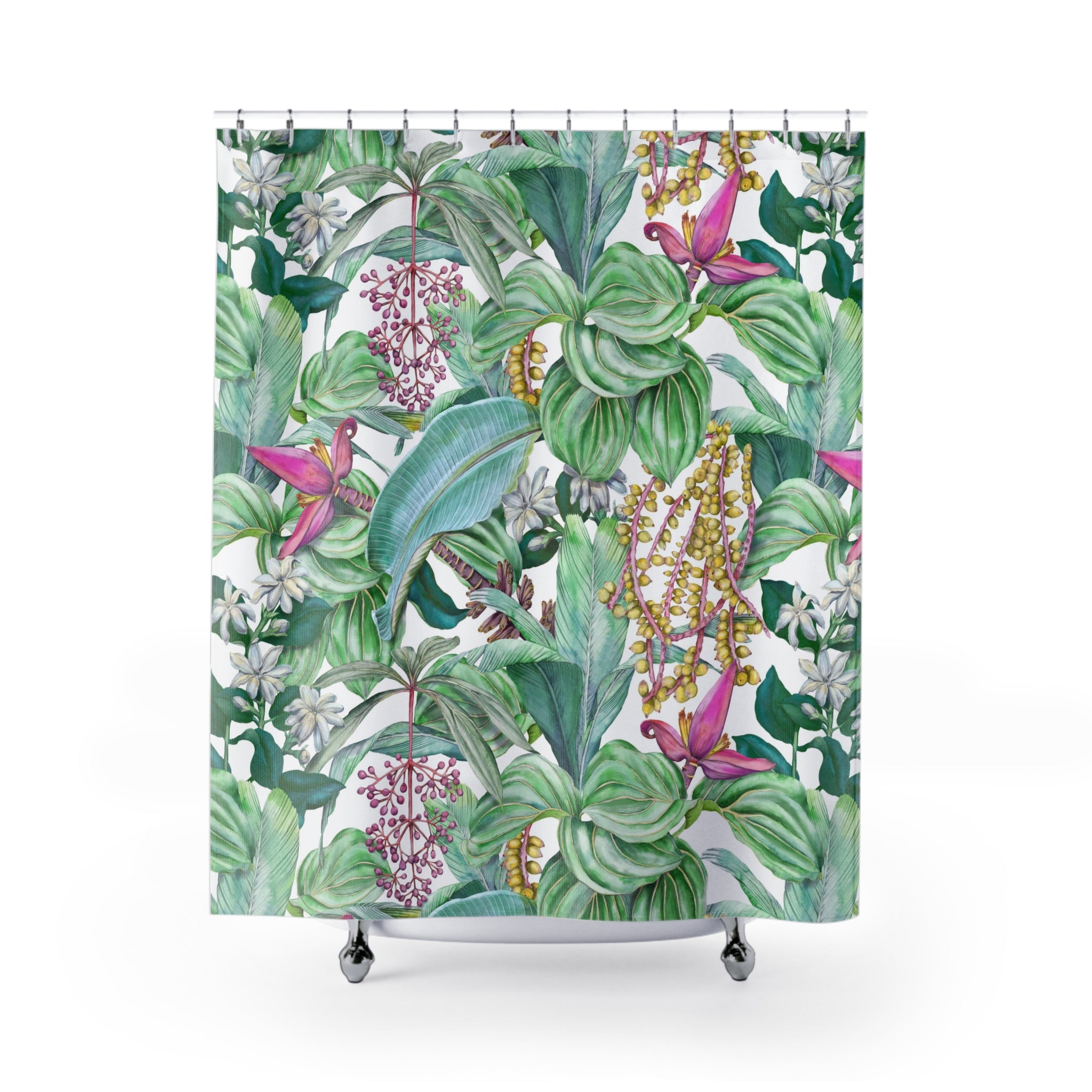 a vibrant and lush tropical plant pattern, with a variety of green leaves, flowers, and other natural elements.