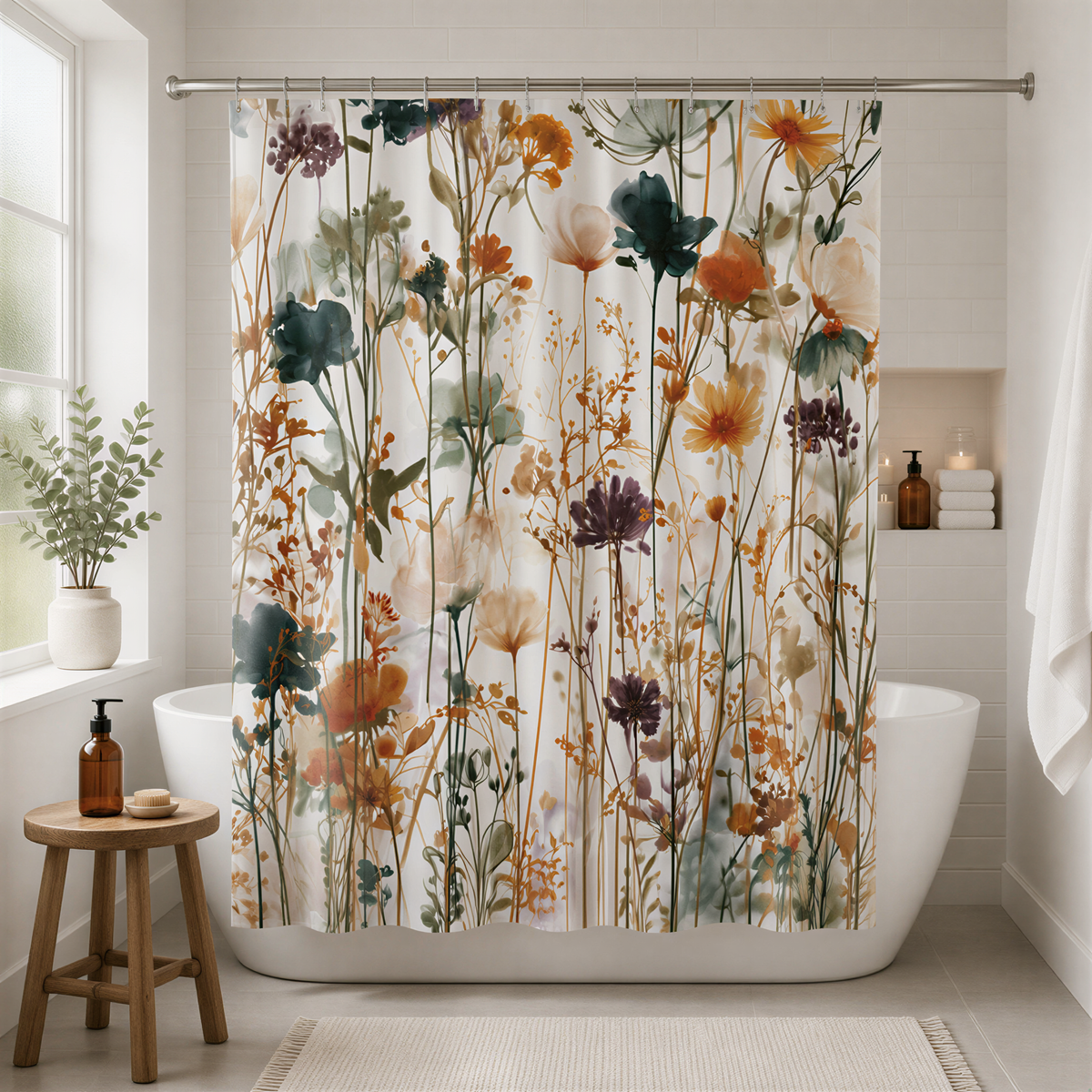 a bathroom with a floral shower curtain featuring a variety of colorful flowers and plants. The shower curtain is hanging in front of a white bathtub, which is situated in a room with a window and a small table.