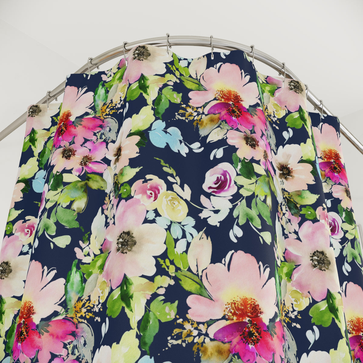 Navy Pink Watercolor Floral Shower Curtain, Bath Curtain 71x74