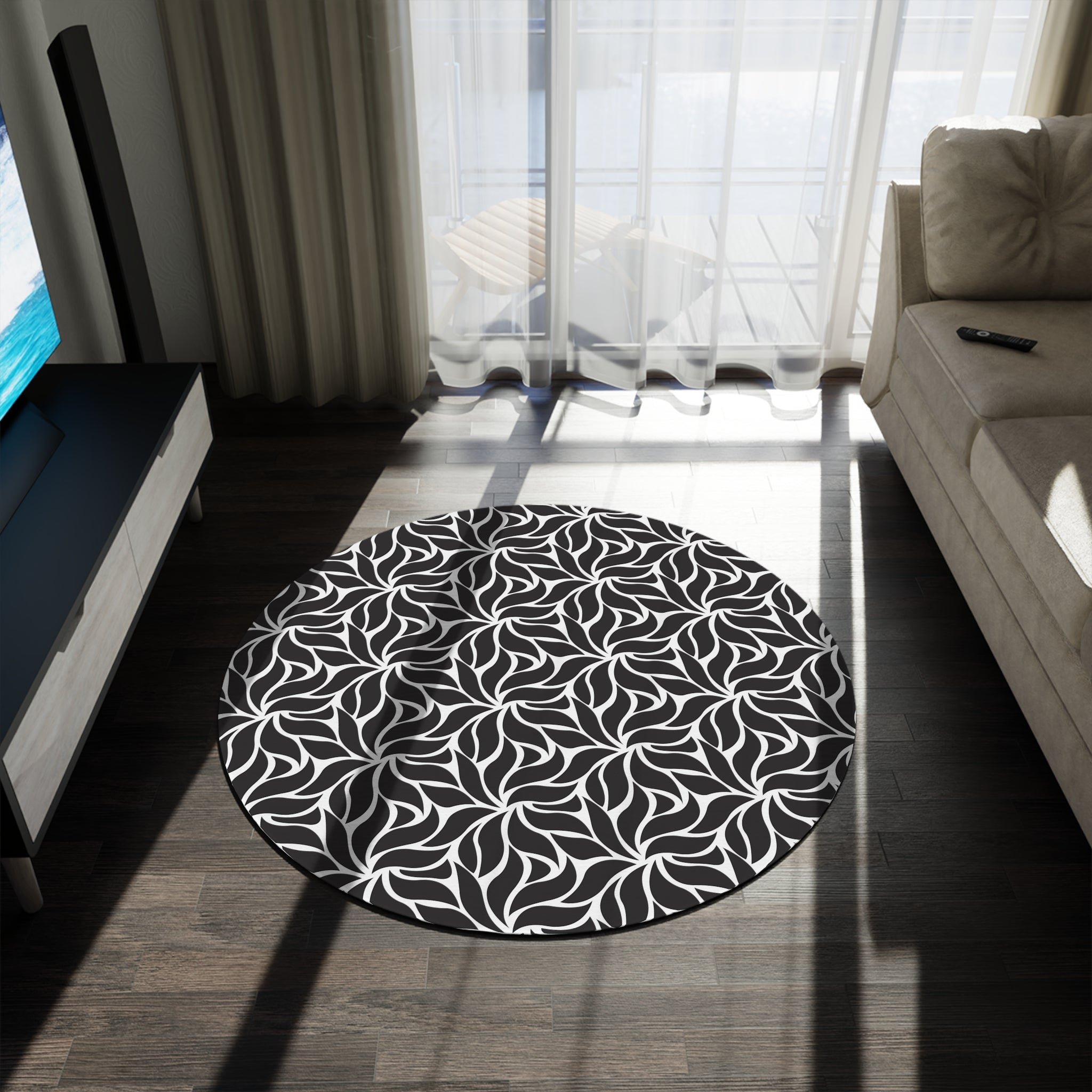 Round Area Rug | Black White, Abstract Floral