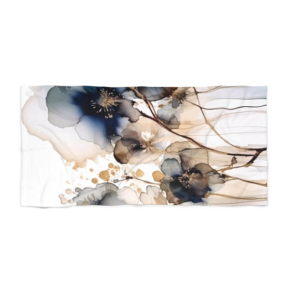 Abstract Floral Boho Bath Beach Towel | Navy Blue, Beige Ombre