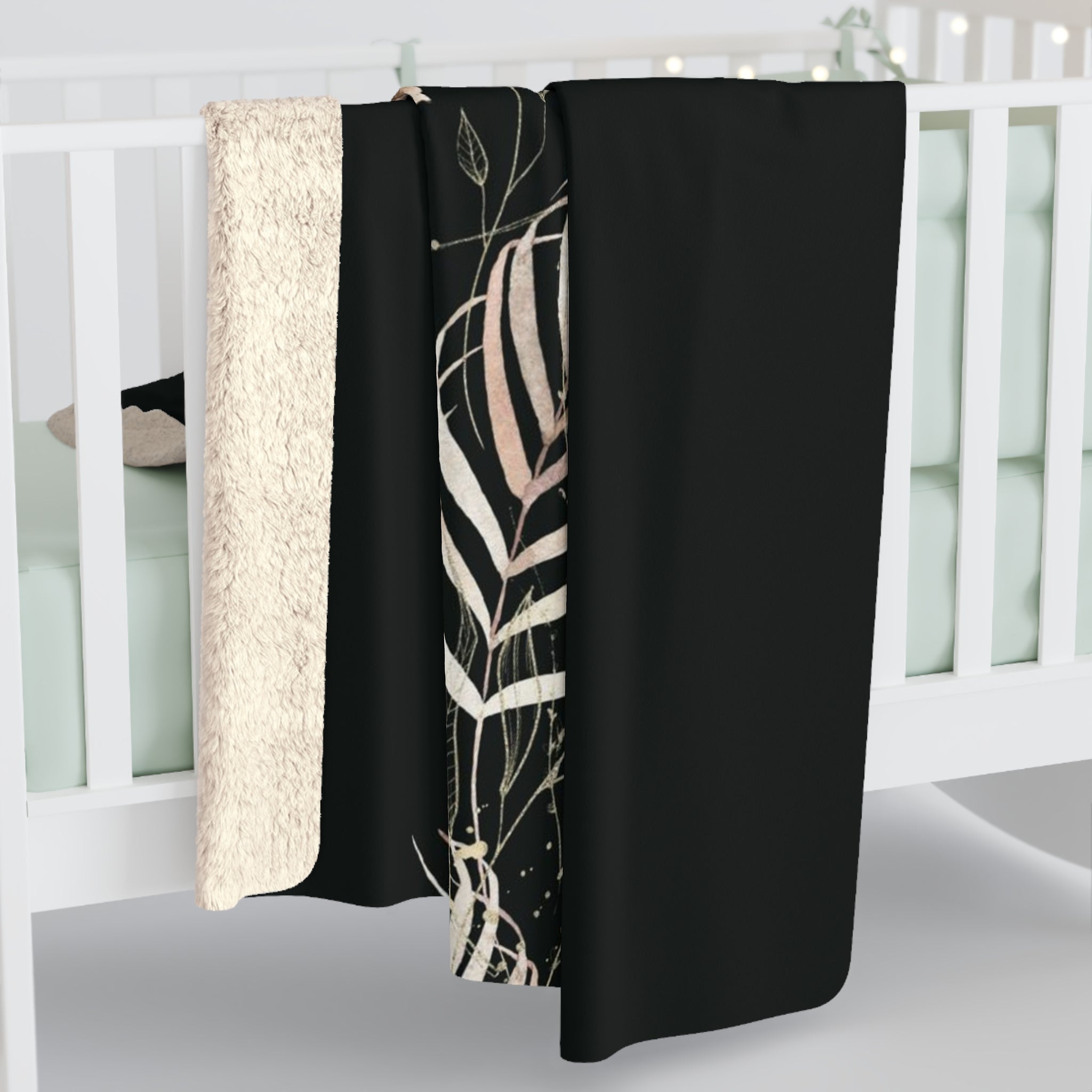 Floral Boho Comfy Blanket | Black, Beige Monstera Leaves