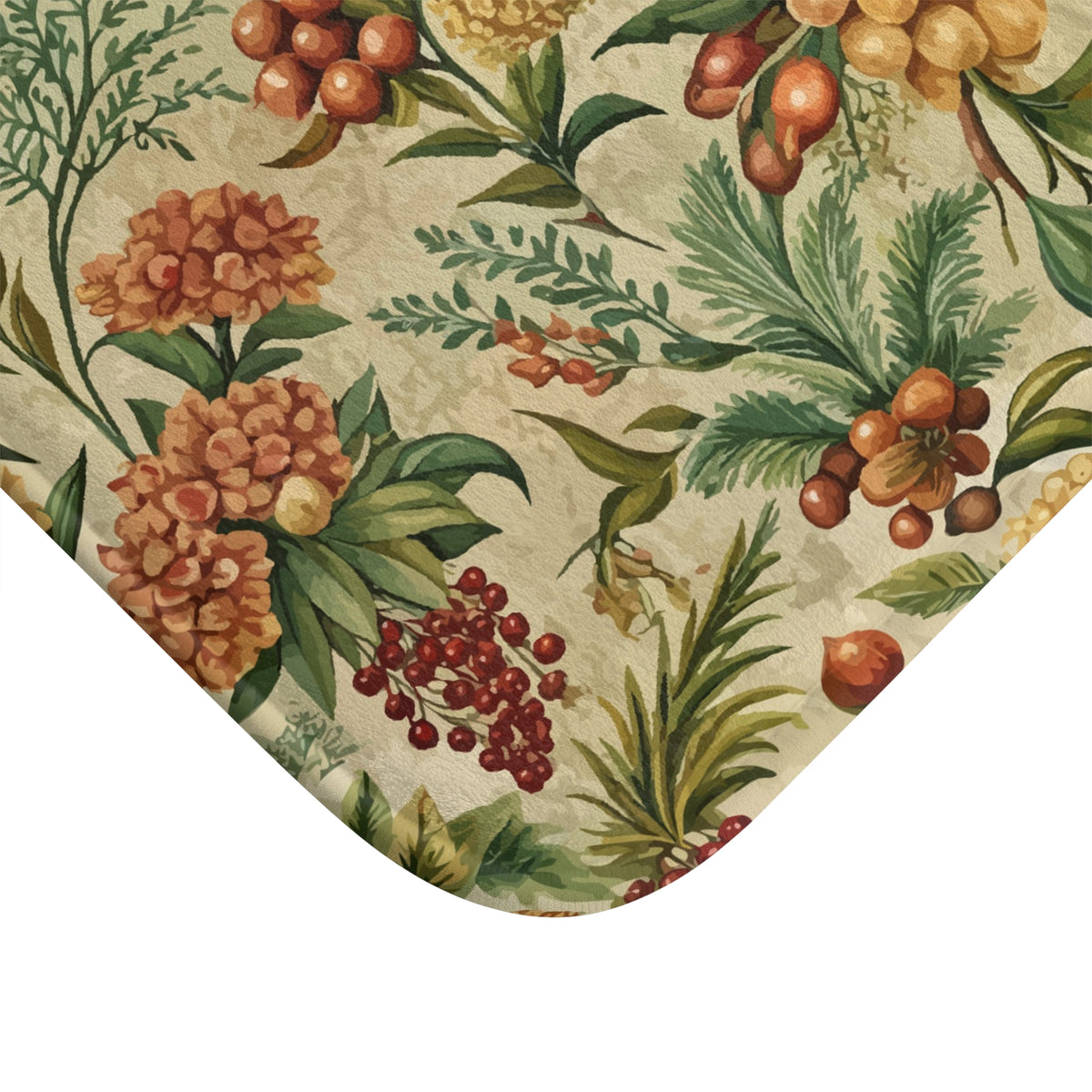 a vibrant and detailed floral pattern with various fruits and leaves, including oranges, berries, and leaves in shades of green and brown.