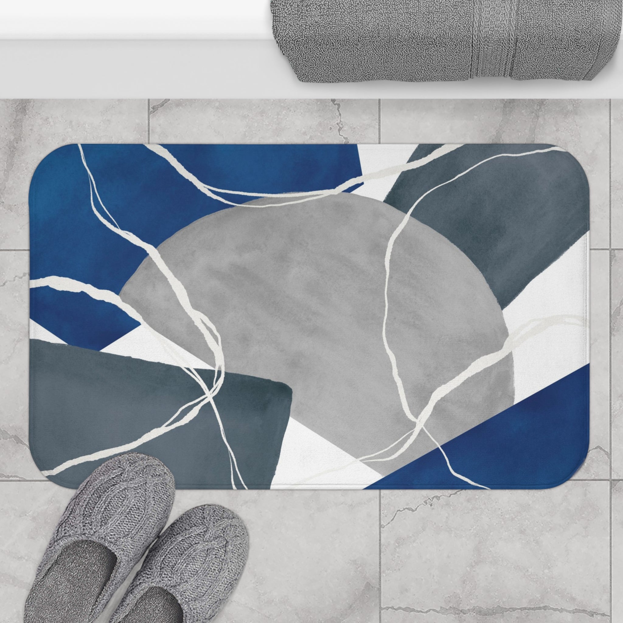 Boho Bath Mat, Kitchen Mat | Abstract blue Grey White