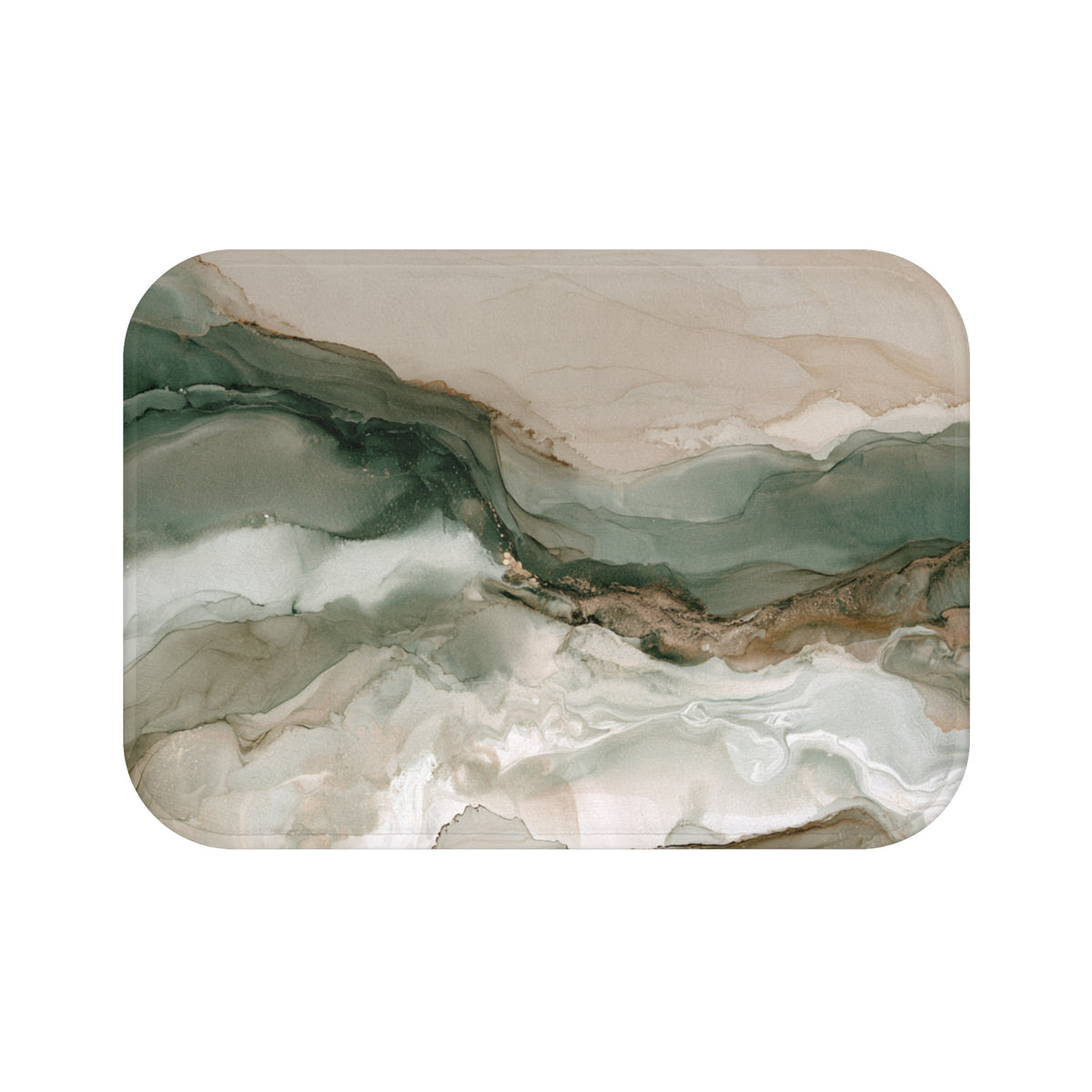 The image is a rectangular, abstract art print featuring a marble-like texture with a blend of green, brown, and white colors.