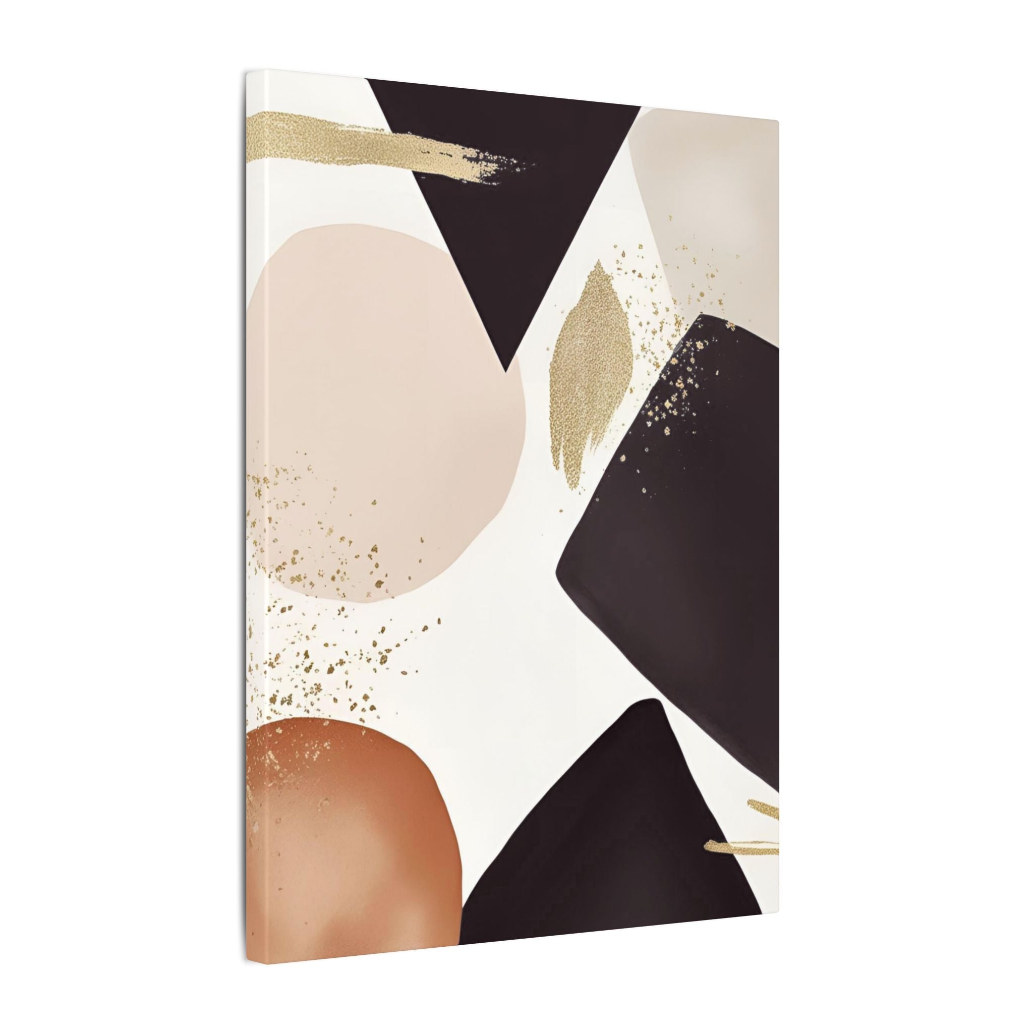 The image is a modern abstract art piece featuring a variety of shapes and colors, including shades of brown, black, and gold.