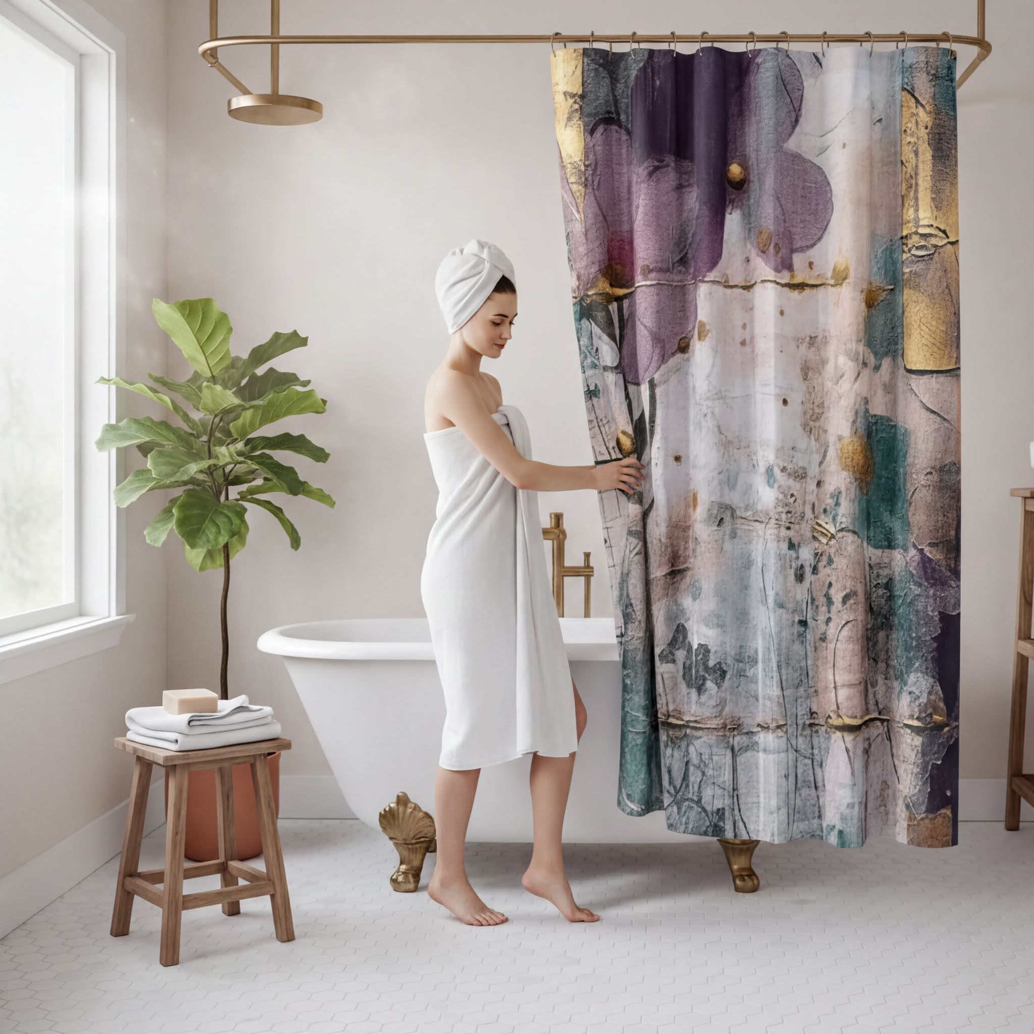 A woman in a white towel stands in a bathroom, holding a colorful shower curtain.