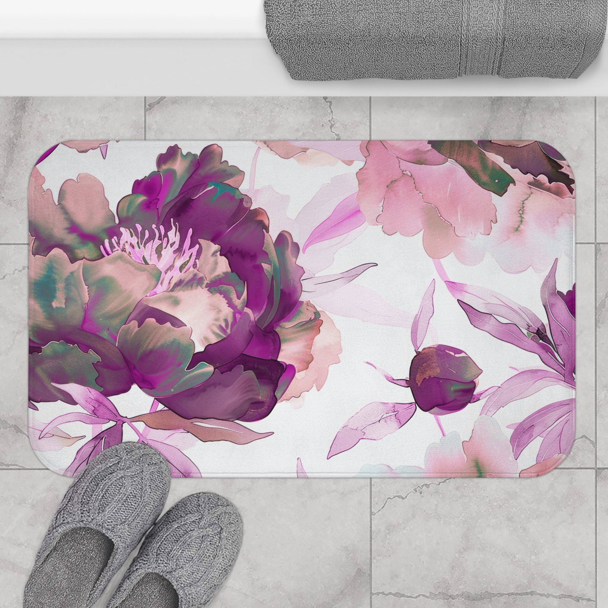 Floral Bath, Kitchen Mat | Botanical White Pink Watercolor