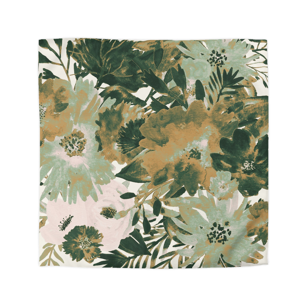 The image is a square with a vibrant and lush floral pattern in shades of green, brown, and white. The pattern features a variety of flowers and leaves, creating a visually striking and intricate design.