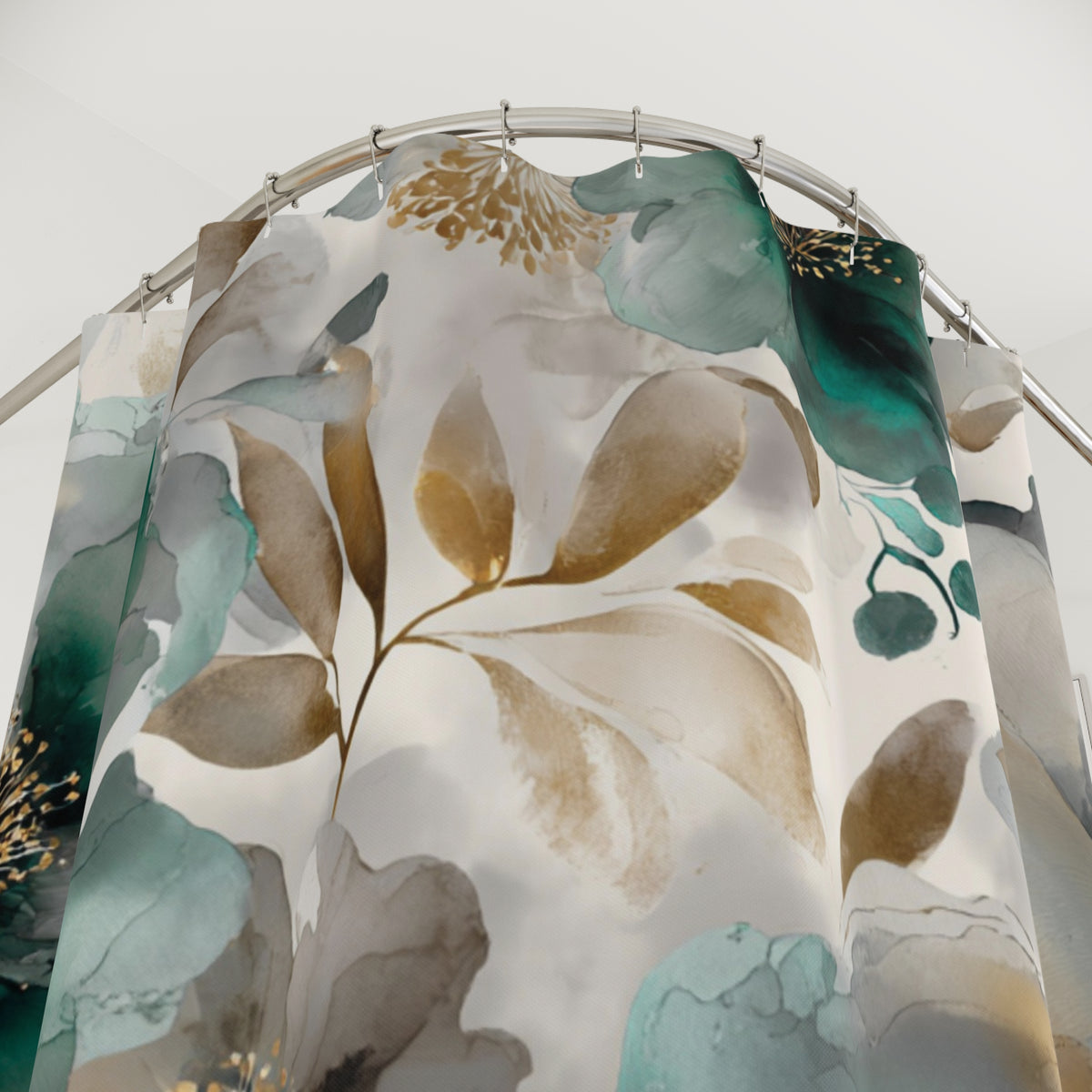 a shower curtain with a floral print in shades of green, white, and gold.