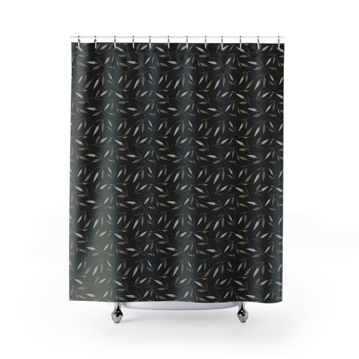 a black and gold leaf pattern shower curtain with a repeating design of leaves on a white background.
