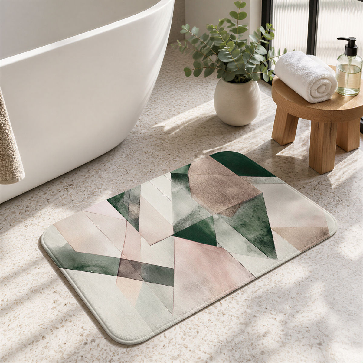 a bathroom with a white bathtub, a colorful geometric bath mat, and a small potted plant on the floor.