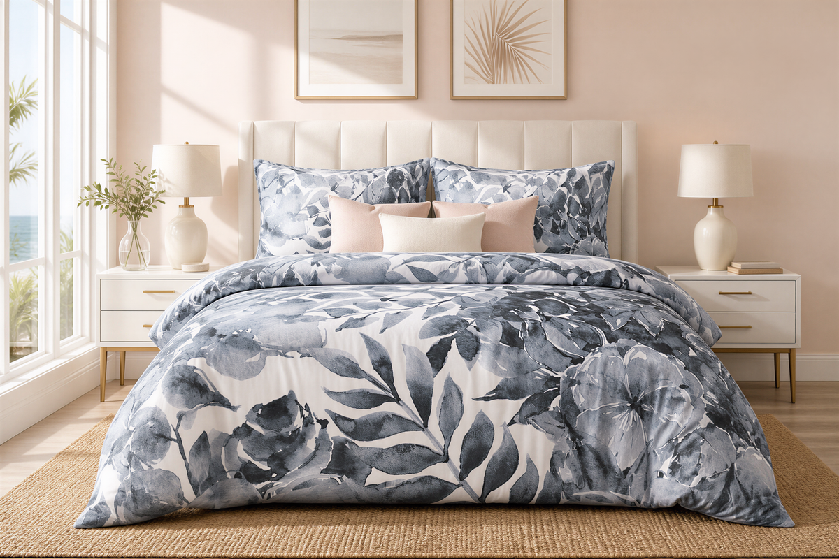 a bedroom with a large bed, white headboard, and matching white nightstands with lamps. The bed is covered in a blue and white floral comforter, and the room has a window overlooking the ocean. The walls are painted in a light peach color, and there are two framed pictures above the bed.