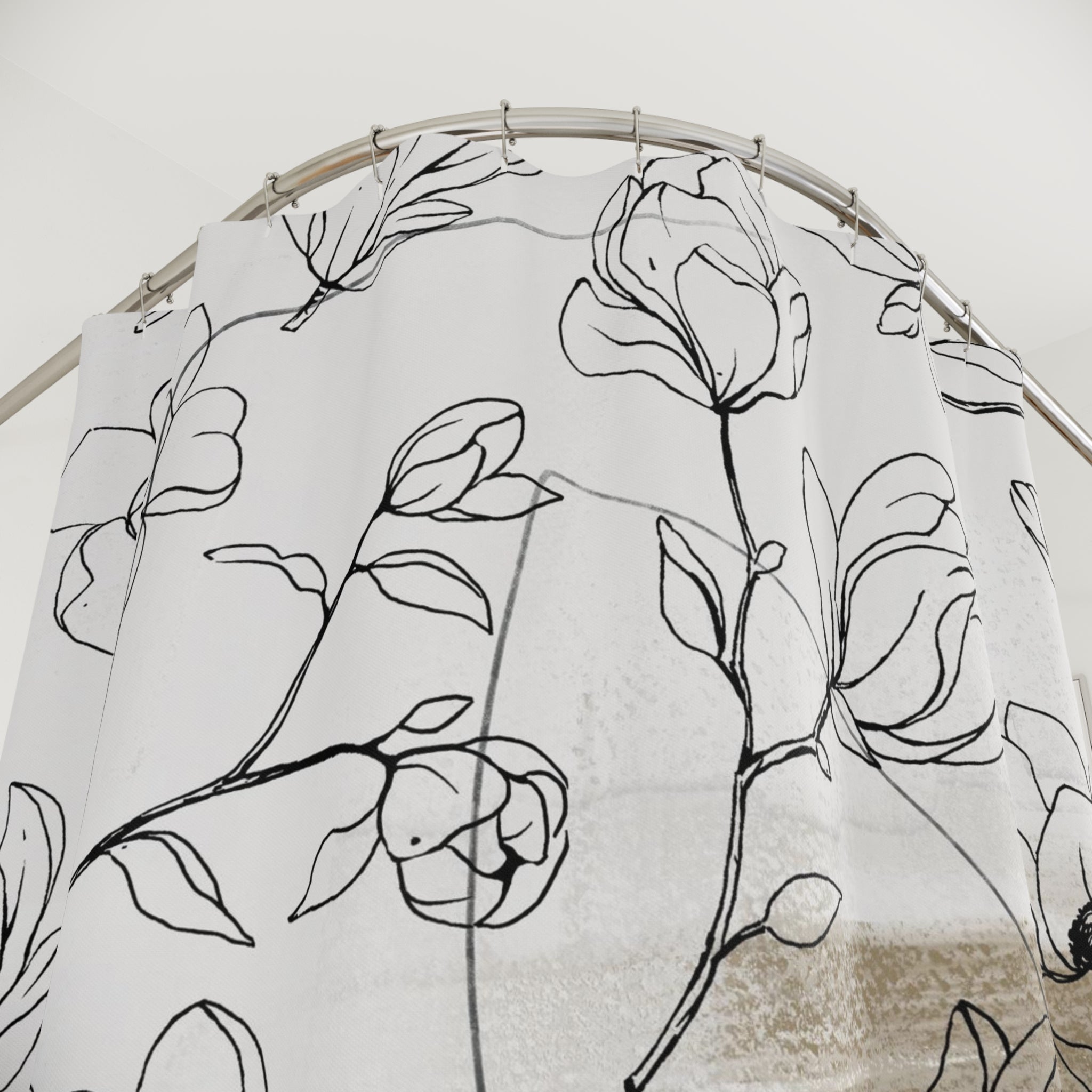 Boho Floral Shower Curtain | Bohemian Beige White Black Line Art