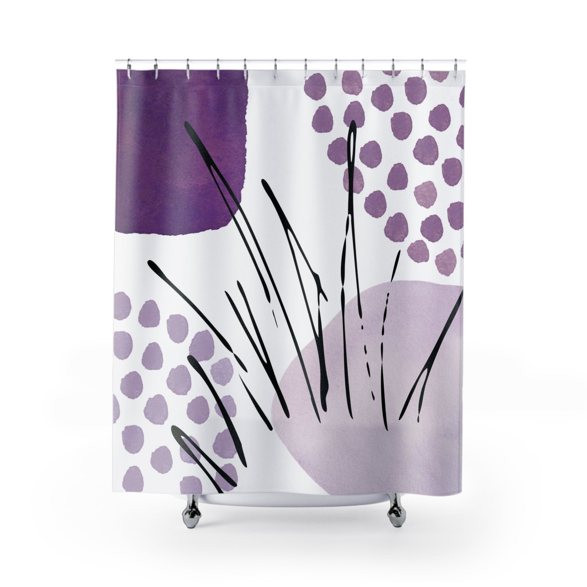 Boho Shower Curtain | Abstract Art White Lavender Purple Black Minimalist