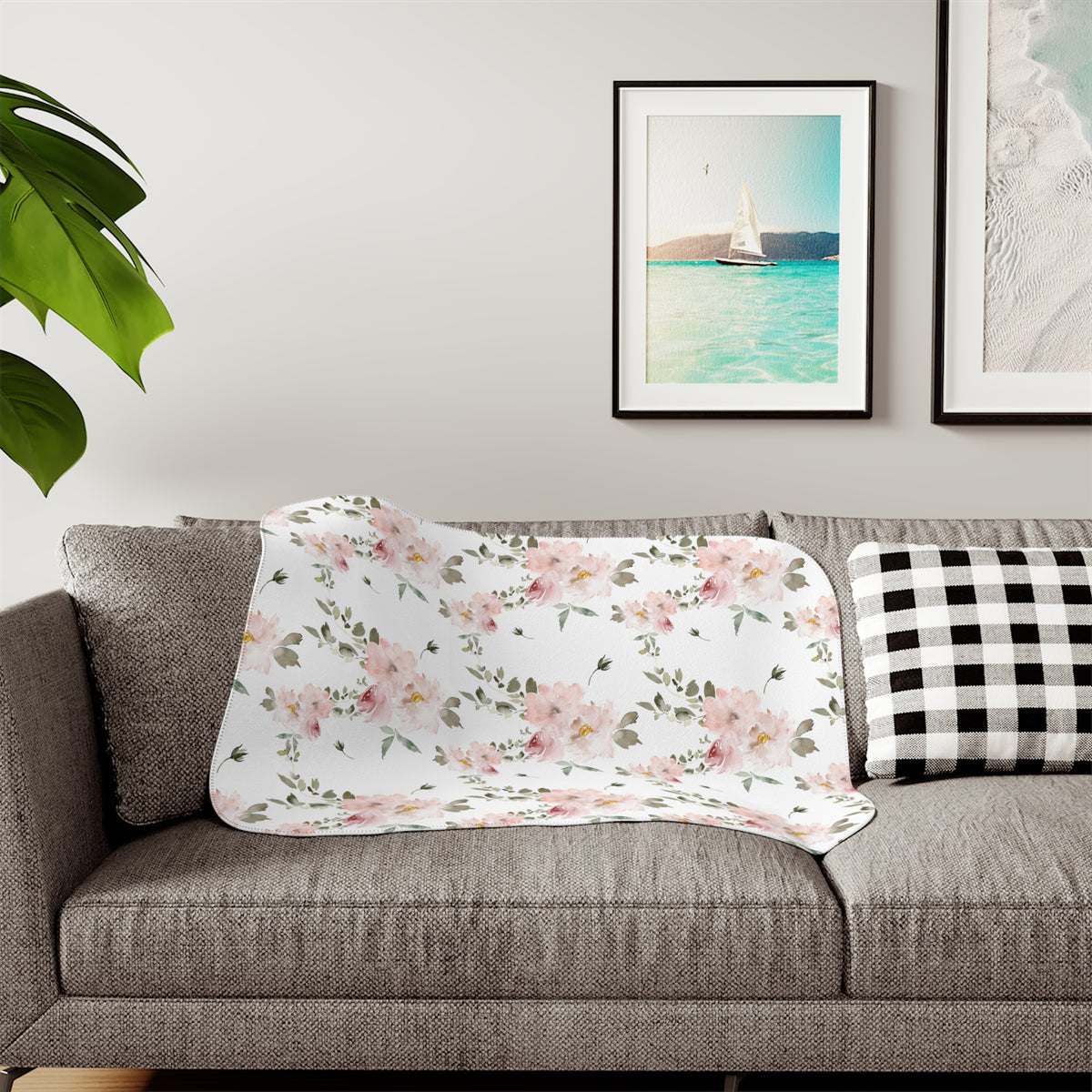 Blush Rose Spray Sherpa Blanket | Sage Watercolor Floral Throw