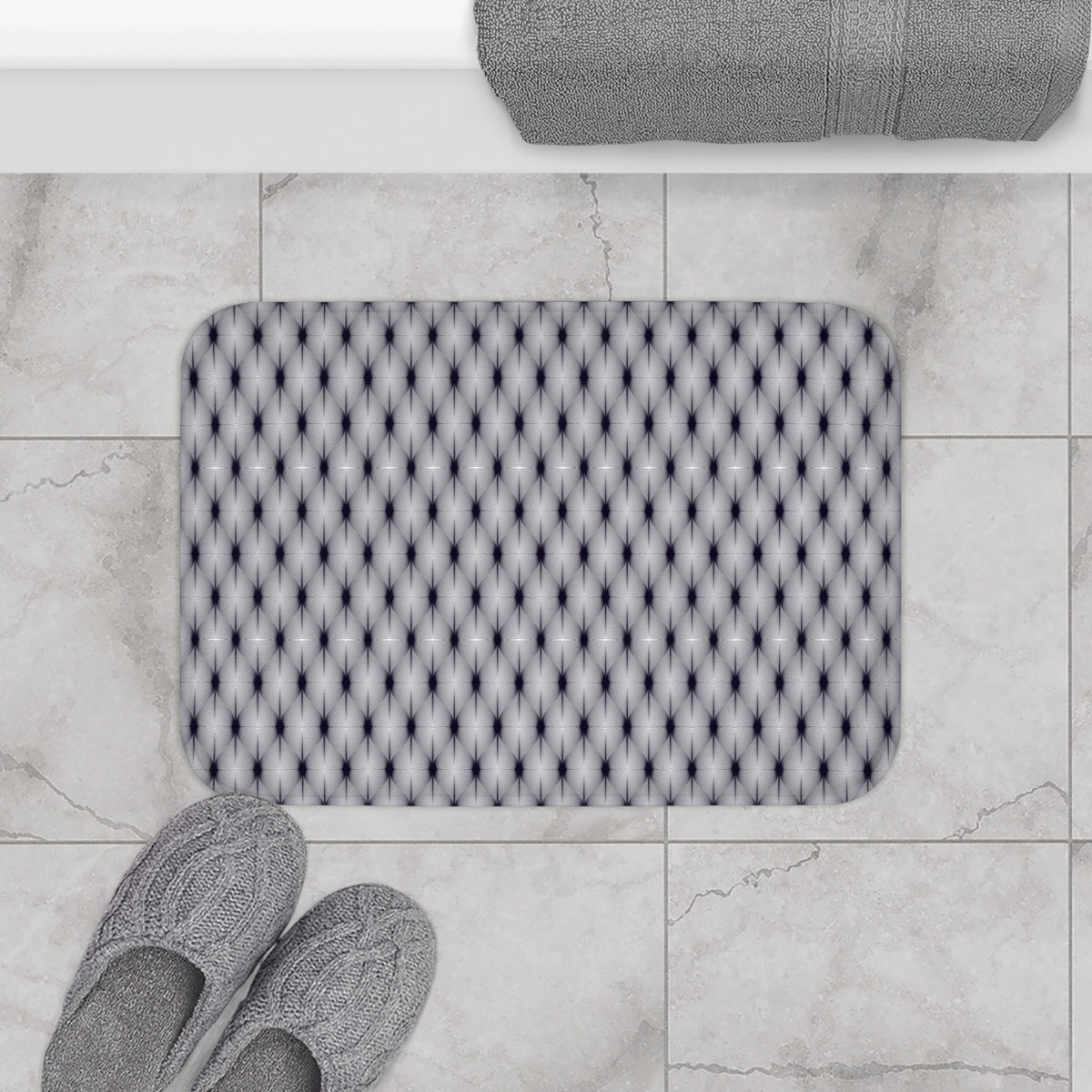 Navy White Deco Linework Bath Mat, Op Art Bathroom Rug