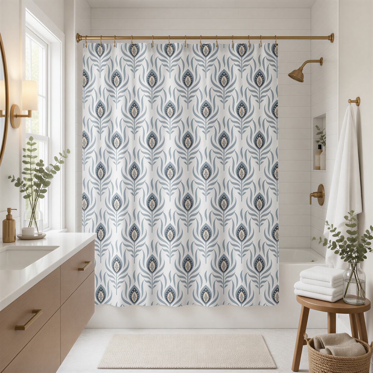 a modern bathroom with a shower curtain featuring a blue and white floral pattern. The bathroom is well-lit and includes a sink, a wooden stool, and a mirror.