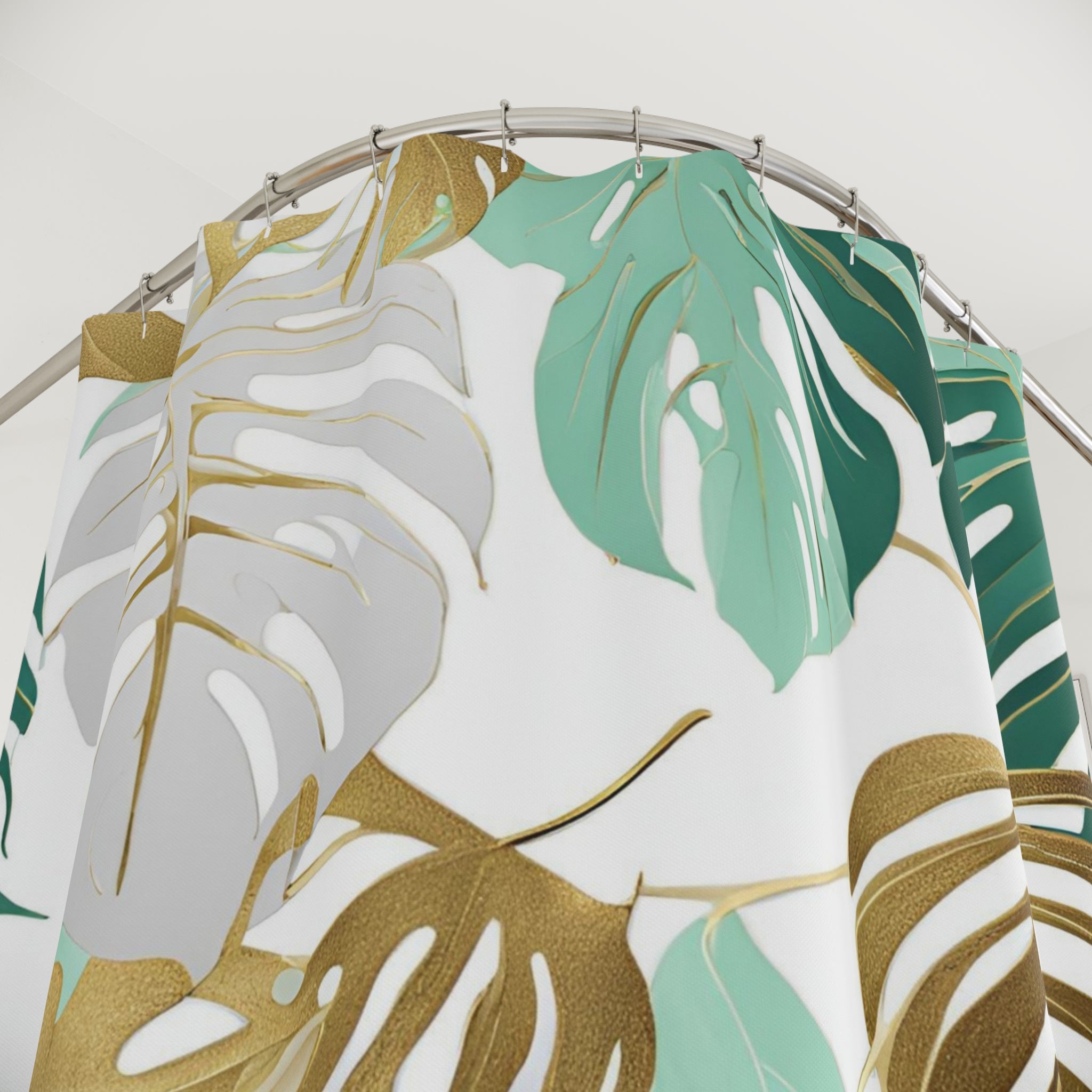 Boho Shower Curtain | Jungle Monstera Leaves, Mint Aqua Green