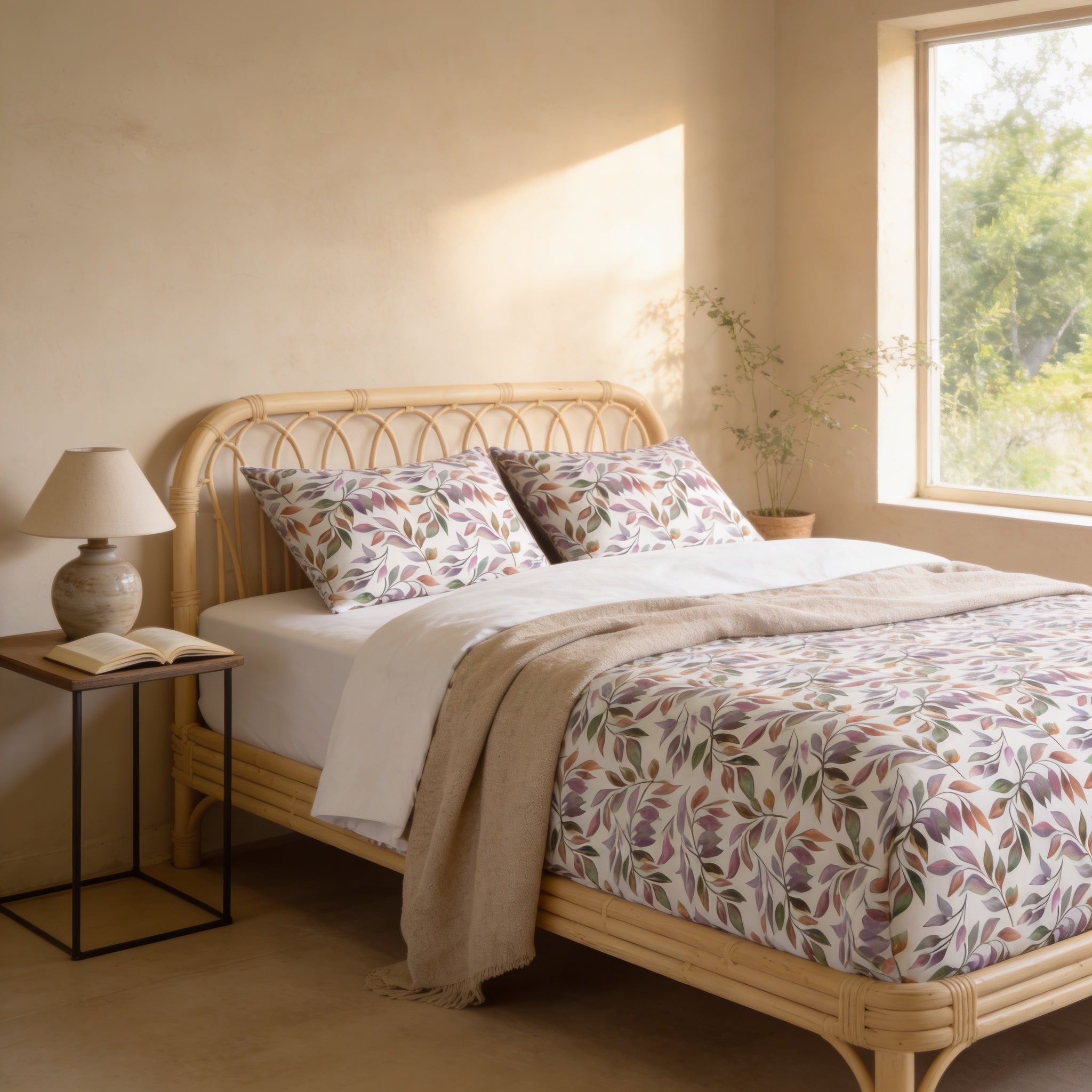 A cozy bedroom with a wooden bed frame, a lamp on a side table, and a window overlooking a natural outdoor scene.
