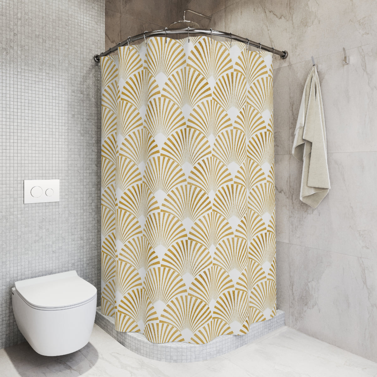 a bathroom with a shower curtain adorned with a gold and white fan-shaped pattern. The shower curtain is hanging on a rod next to a towel. The bathroom has a white toilet and a tiled wall, creating a clean and modern aesthetic.