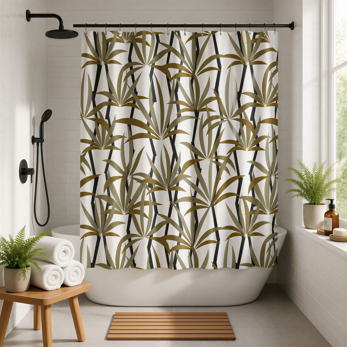 a modern bathroom with a shower curtain featuring a tropical plant print in shades of brown and green. The bathroom is well-lit, with a wooden stool and a potted plant adding a touch of greenery to the space.