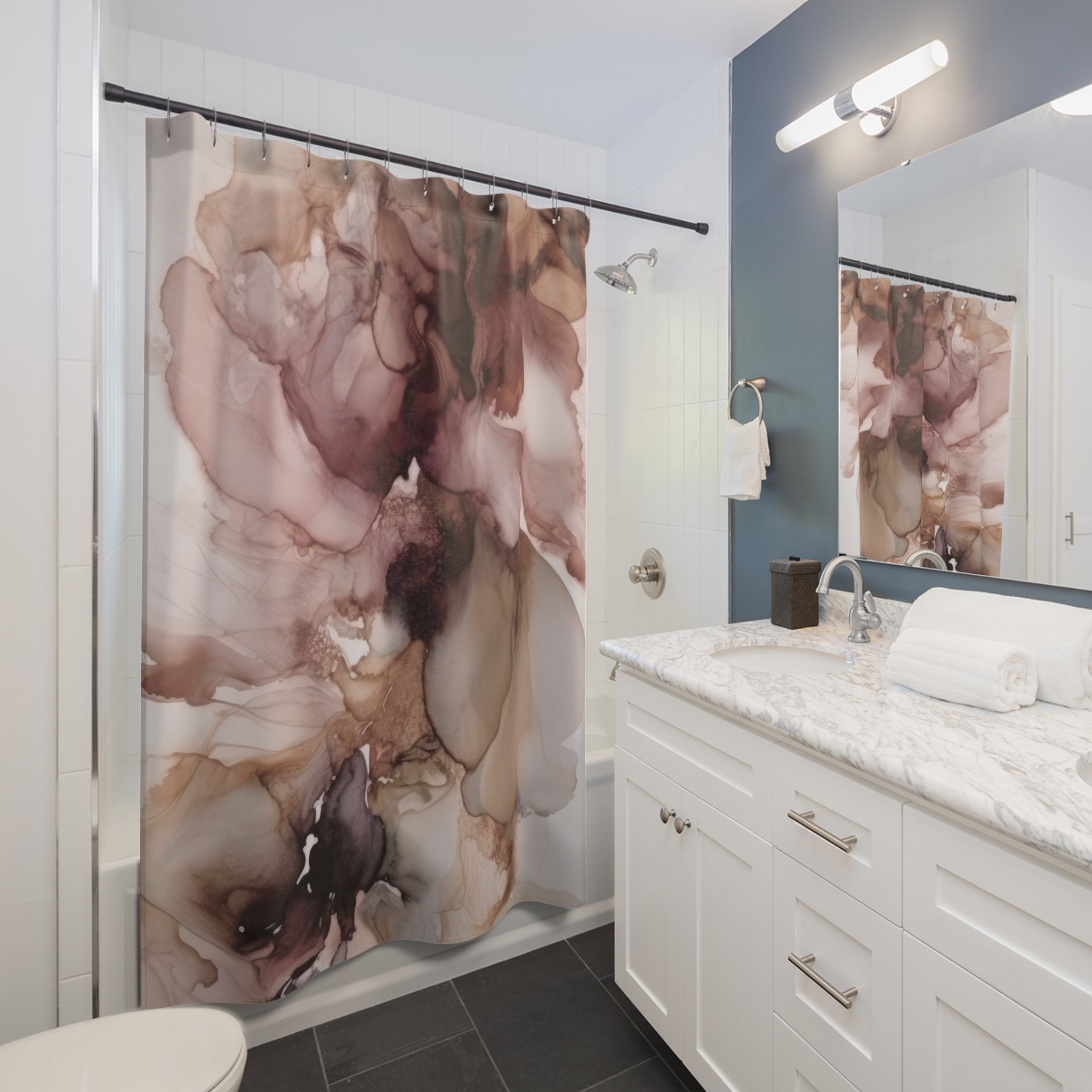 Floral Shower Curtain | Abstract Alcohol Ink, Mauve Pink Beige