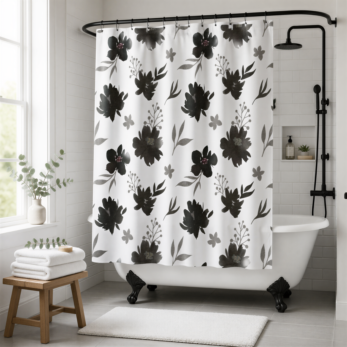 a bathroom with a white bathtub, a shower curtain with a black floral pattern, and a wooden stool.