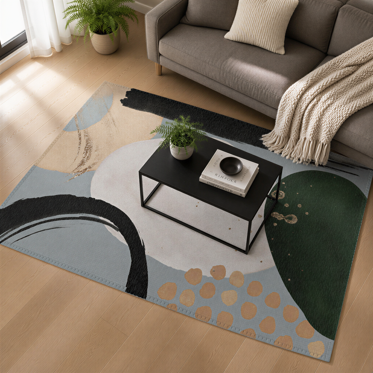 a modern living room with a gray sofa, a black coffee table, and a colorful abstract rug on the floor.