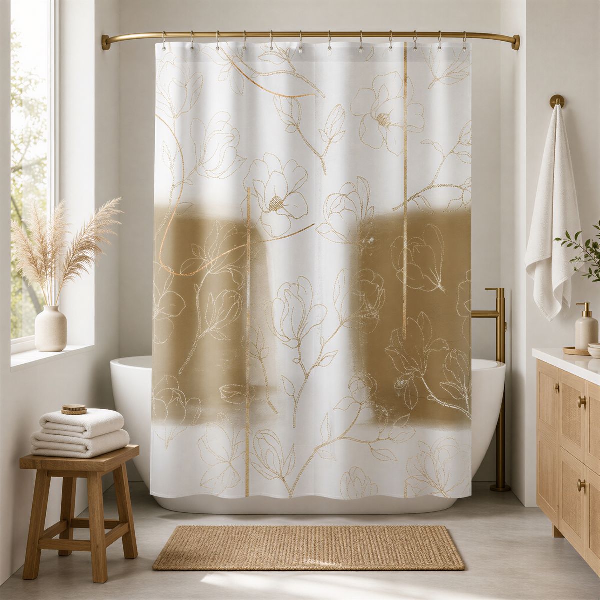 a modern bathroom with a shower curtain featuring a floral pattern in gold and white colors. The bathroom is well-lit and has a wooden vanity and a white bathtub.