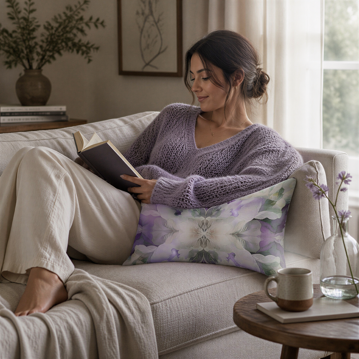 A woman is sitting on a couch, reading a book and enjoying a cup of coffee.