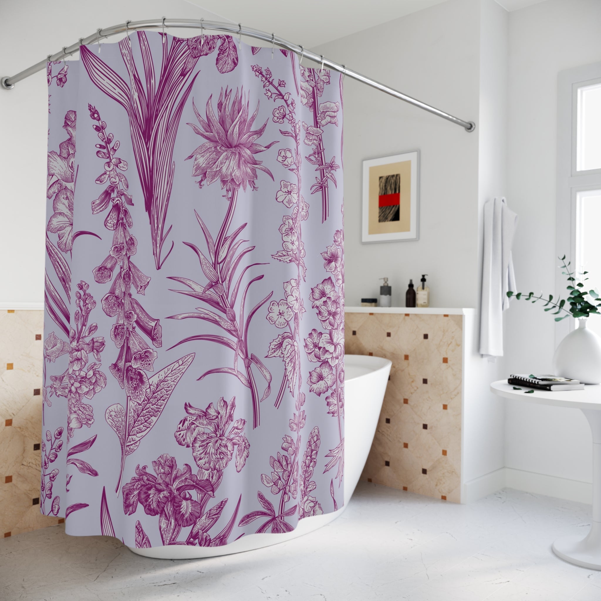 Hygge Boho Shower Curtain | Sky Blue, Lilac Purple Plants