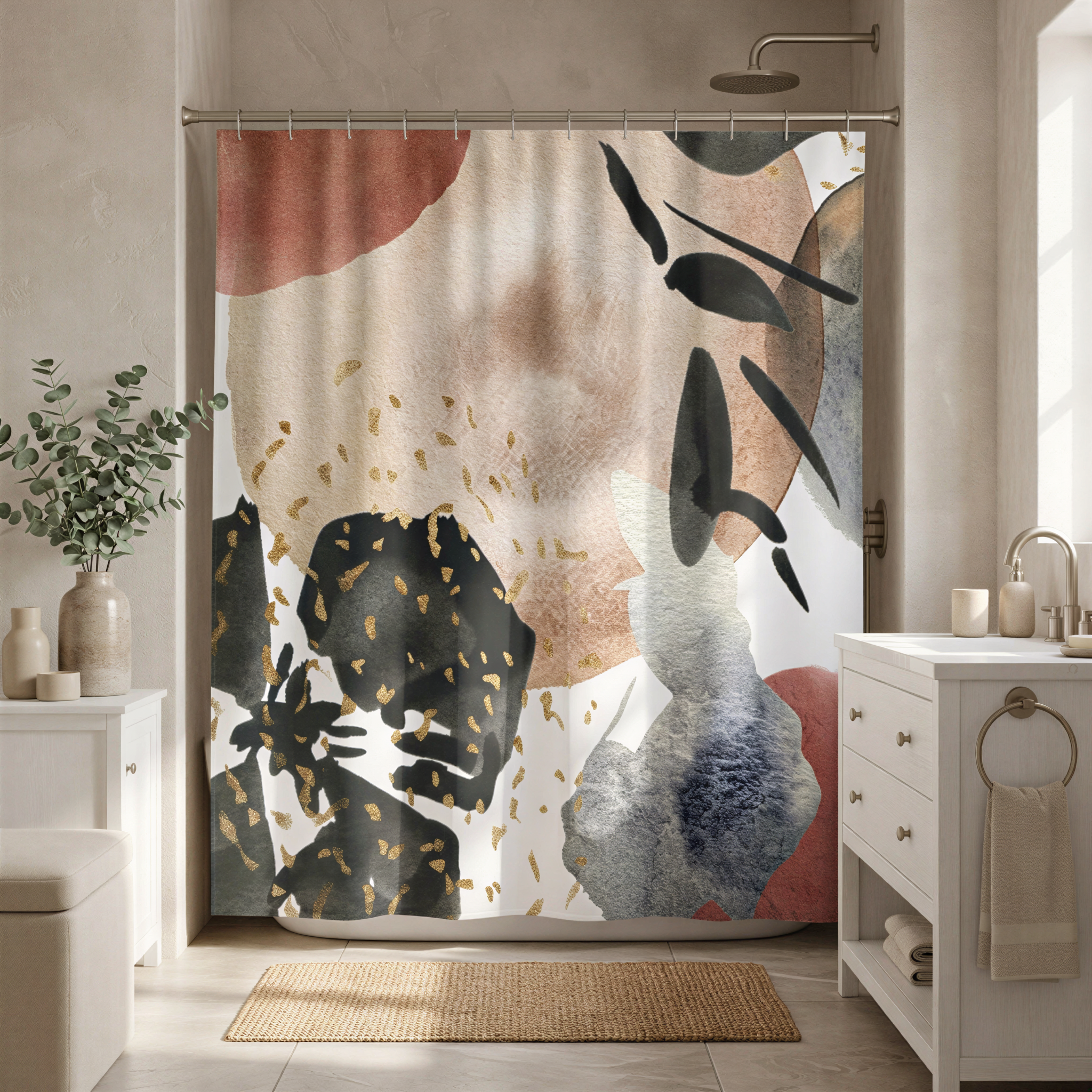 a bathroom with a shower curtain that has a colorful abstract design. The shower curtain is hanging in the bathroom, which has a sink and a mirror. There is also a rug on the floor.