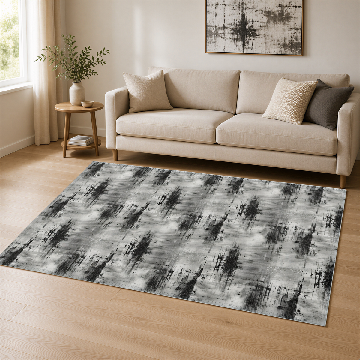 a living room with a beige sofa, a wooden side table, and a large abstract rug on the floor.