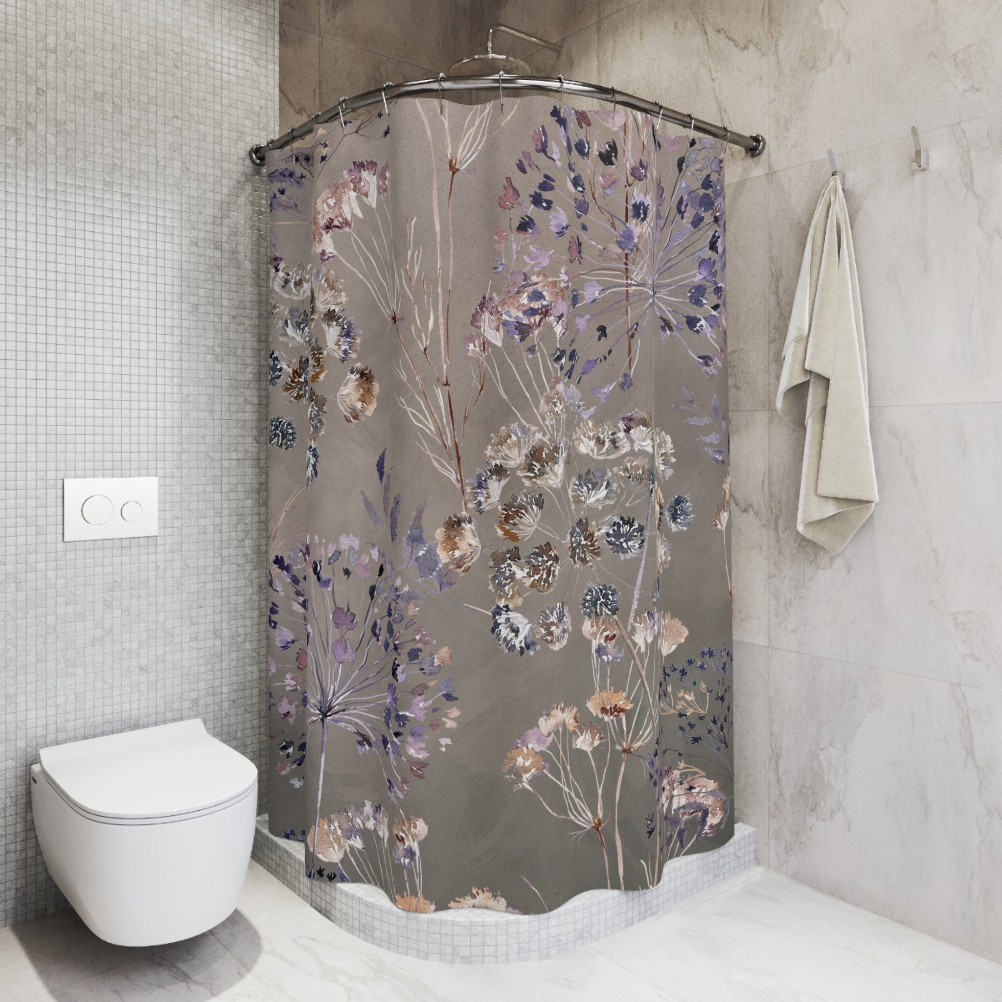 Boho Shower Curtain | Taupe, Purple Wild Floral