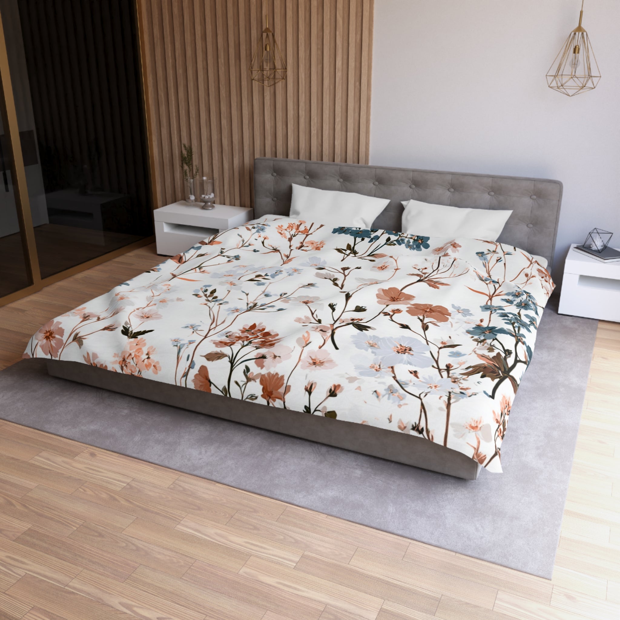 Floral Modern Duvet, Pillow Cover | White Beige Bedroom Decor