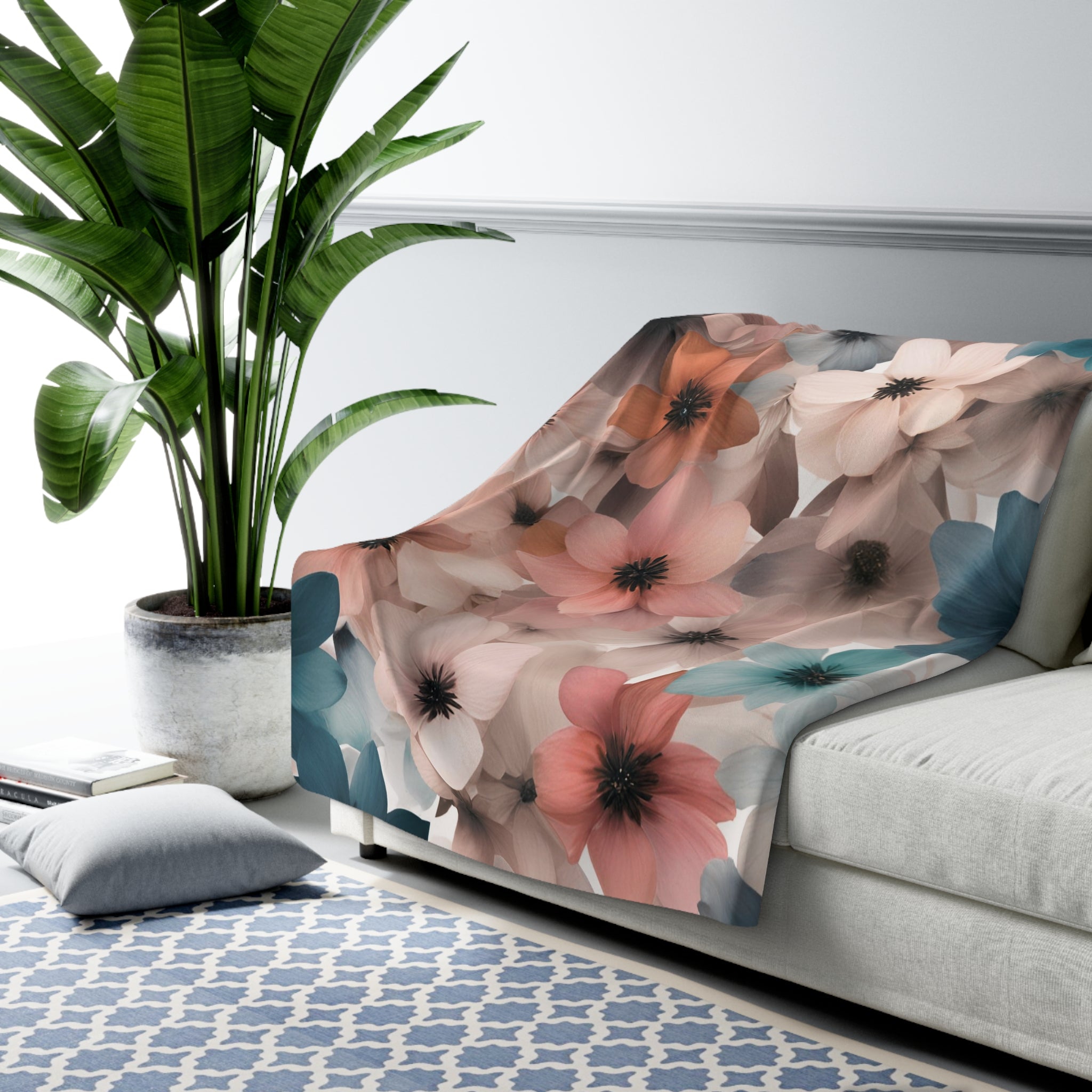 Fall Floral Throw Blanket | Pink Beige, Blue Cream Flowers