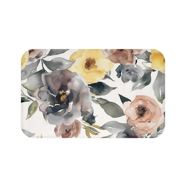 Boho Kitchen, Bath Mat | Floral Grey, Peach Yellow Roses Floor Mat