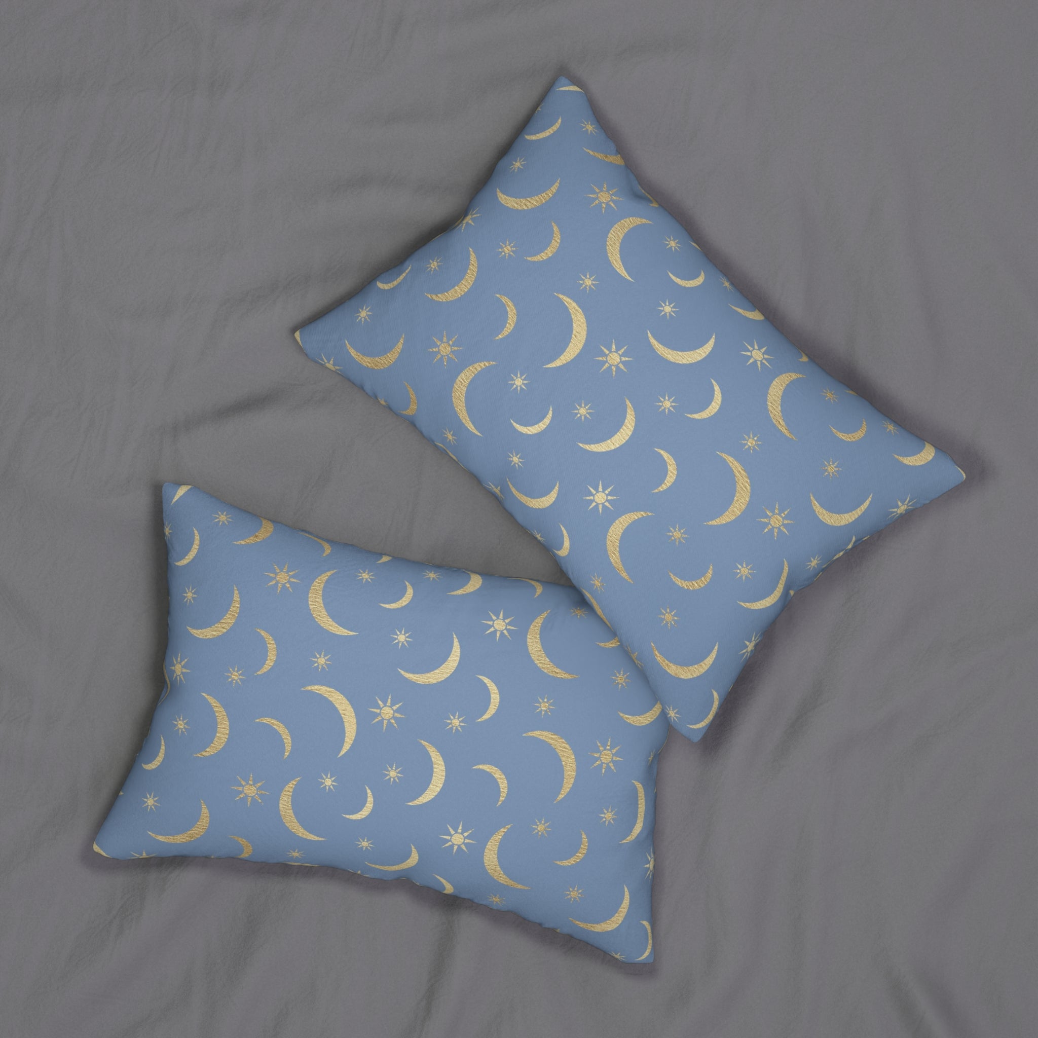 Abstract Lumbar Pillow | Blue Non Foil Gold Moon Stars, Celestial Cosmic