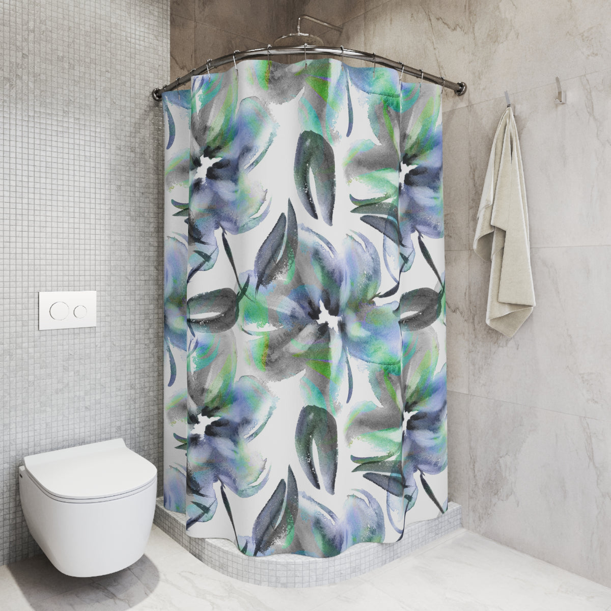 Blue Green Watercolor Iris Shower Curtain, Bath Curtain 71x74