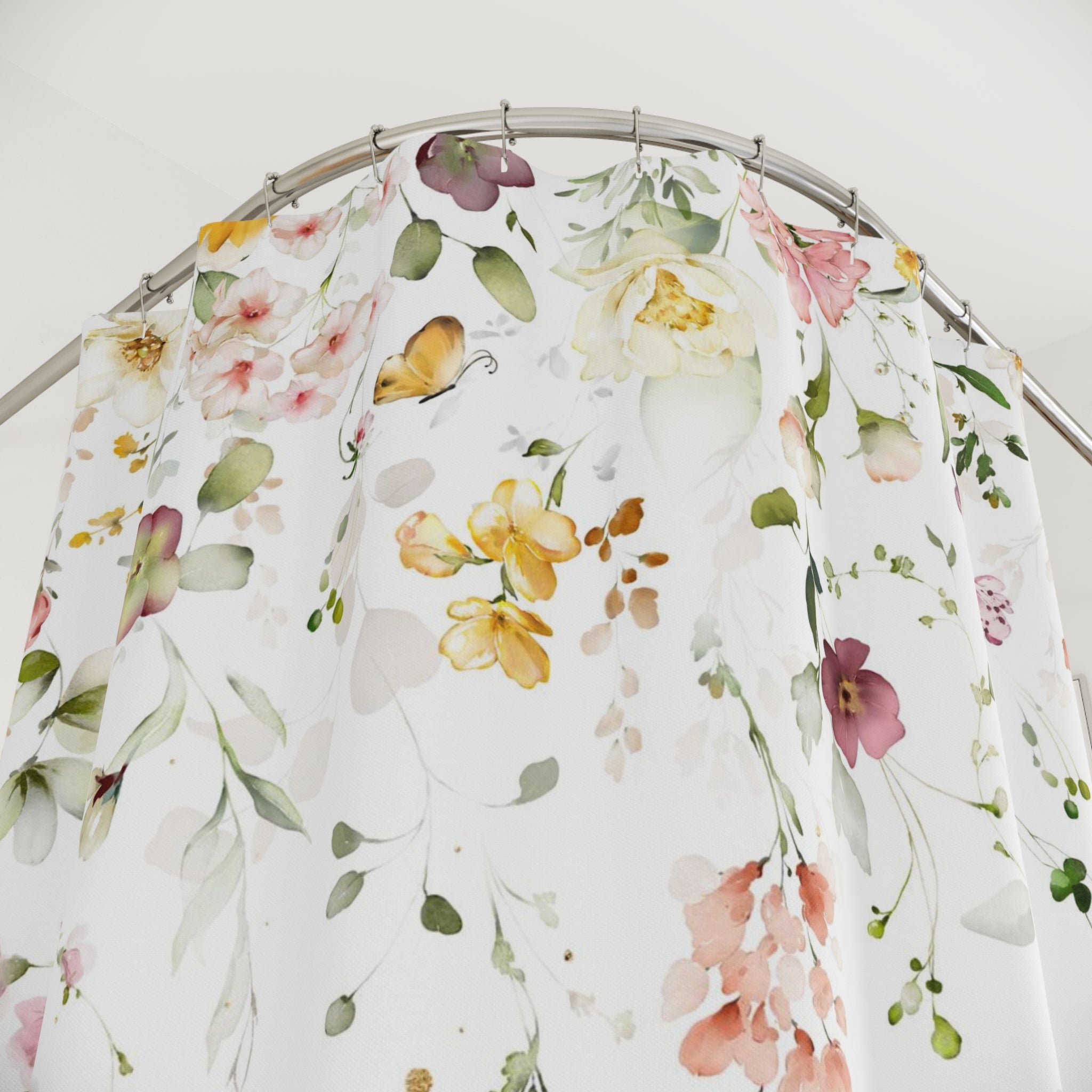 Boho Shower Curtain | White Floral Fabric Curtain
