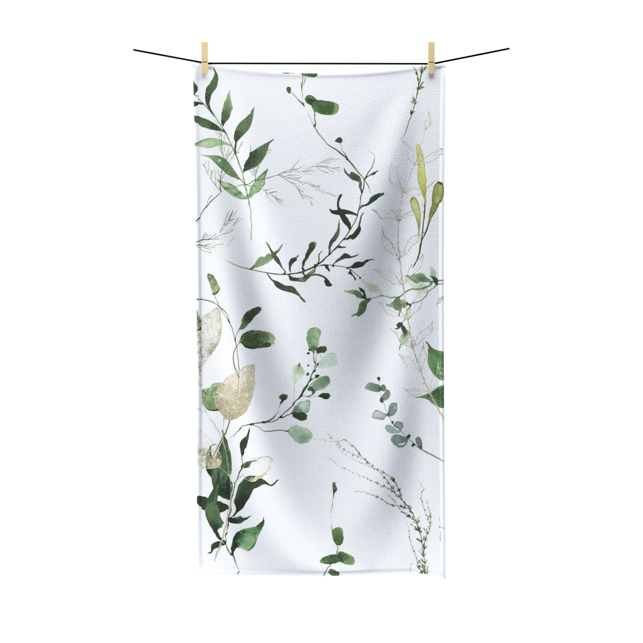 Floral Boho Bath Beach Towel | Watercolor White Forest Green Leaves