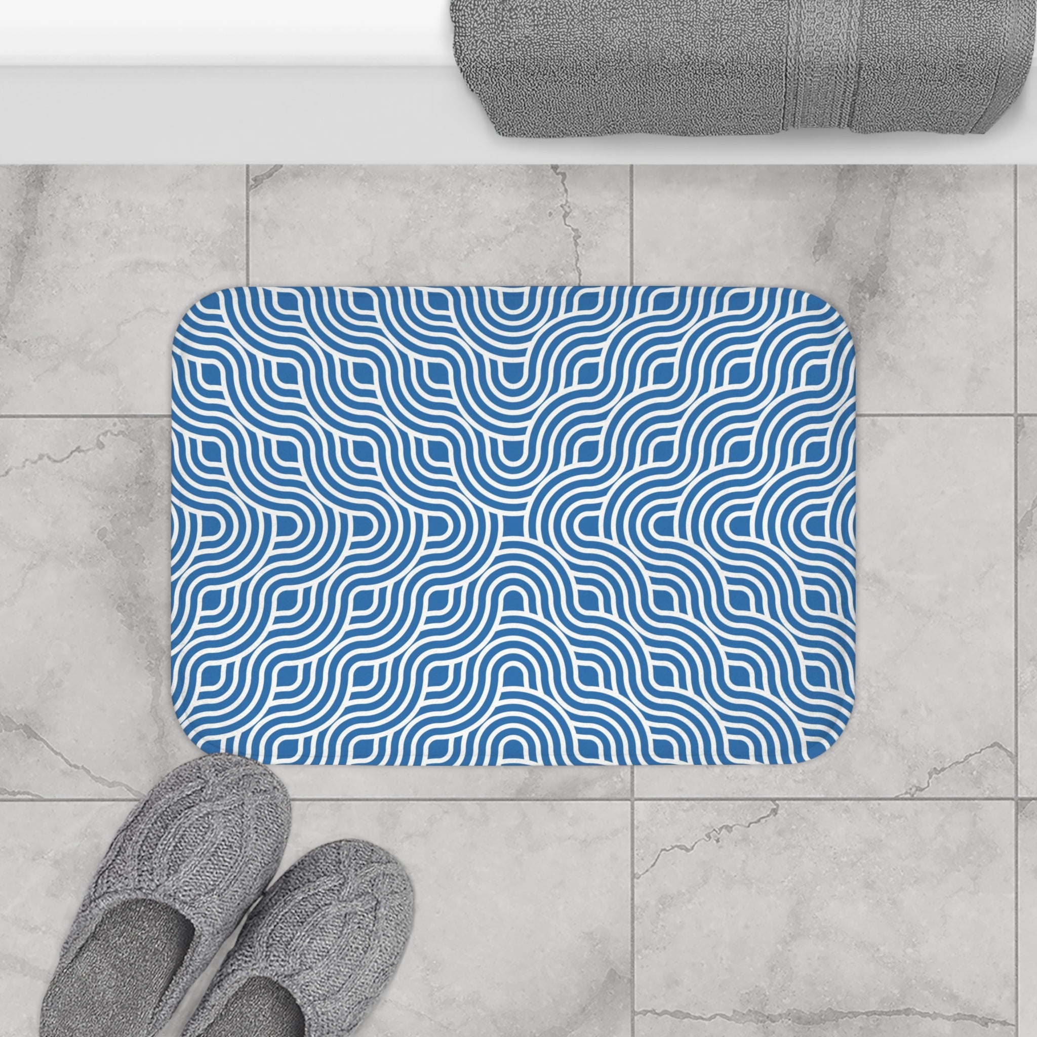 Art Deco Bath, Kitchen Mat | Retro Blue White, Art Nouveau Waves