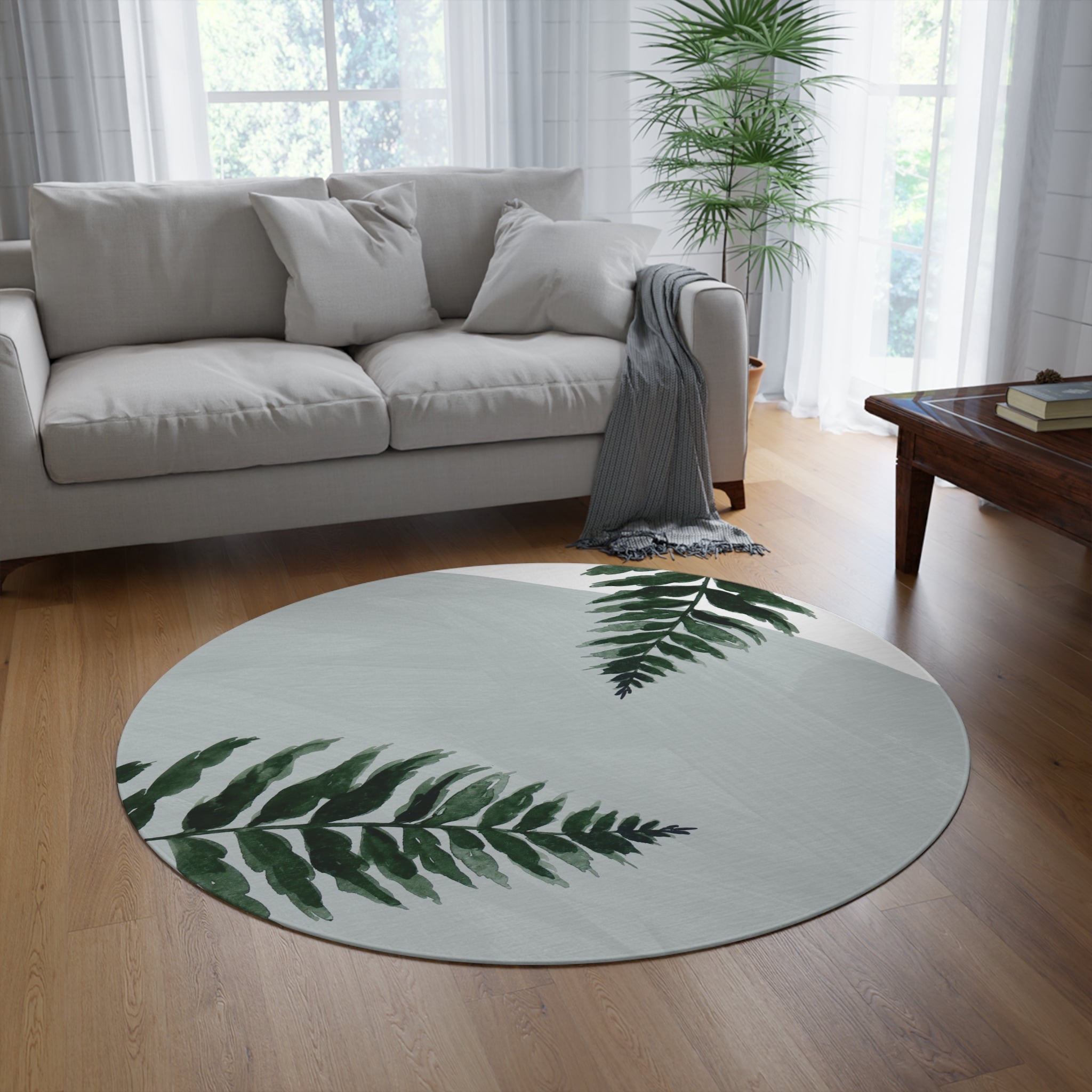 Round Boho Area Rug | Modern Organic, Pale Blue, Green Leaves