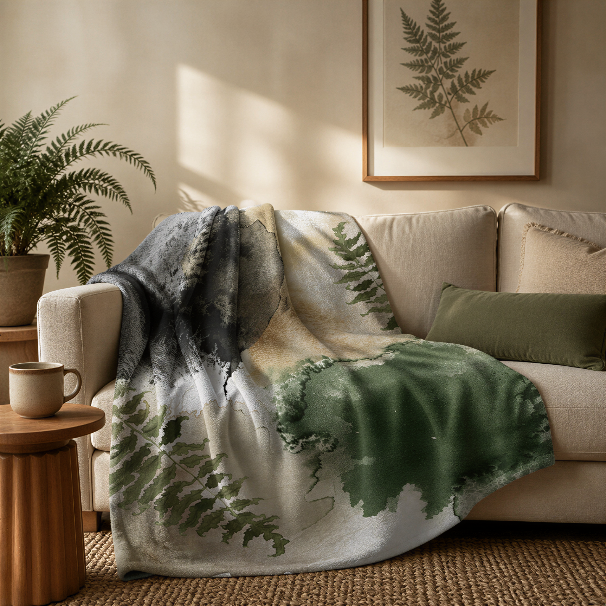 a cozy living room with a beige sofa, a wooden side table, and a potted plant. The sofa is adorned with a green and gray throw blanket featuring a watercolor-like pattern. The room is illuminated by natural light coming through a window, creating a warm and inviting atmosphere.