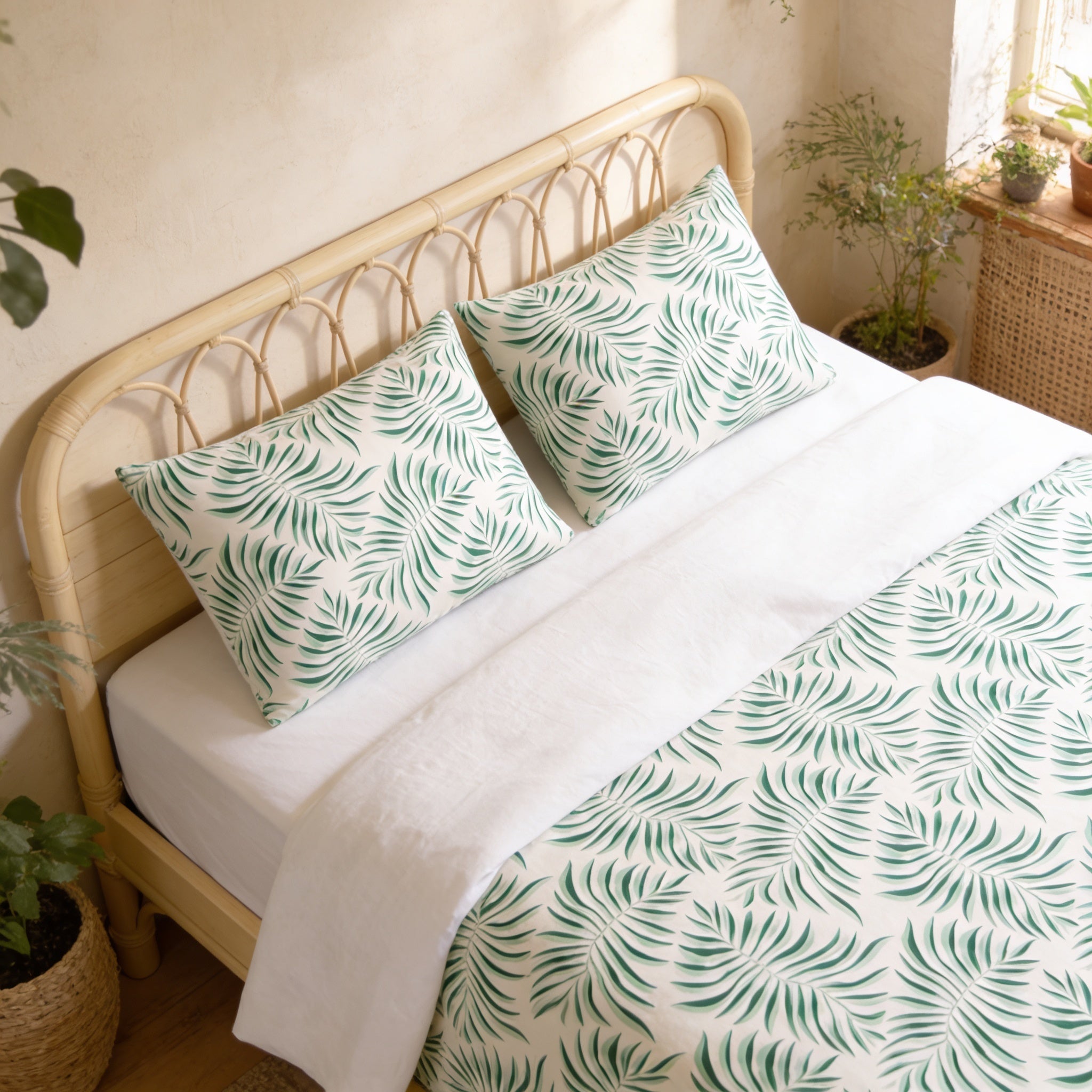 a neatly made bed with a white sheet and a green leaf-patterned comforter. The bed has a wooden headboard and two matching pillows. There are also two potted plants in the room, one on the left side and one on the right side of the bed.