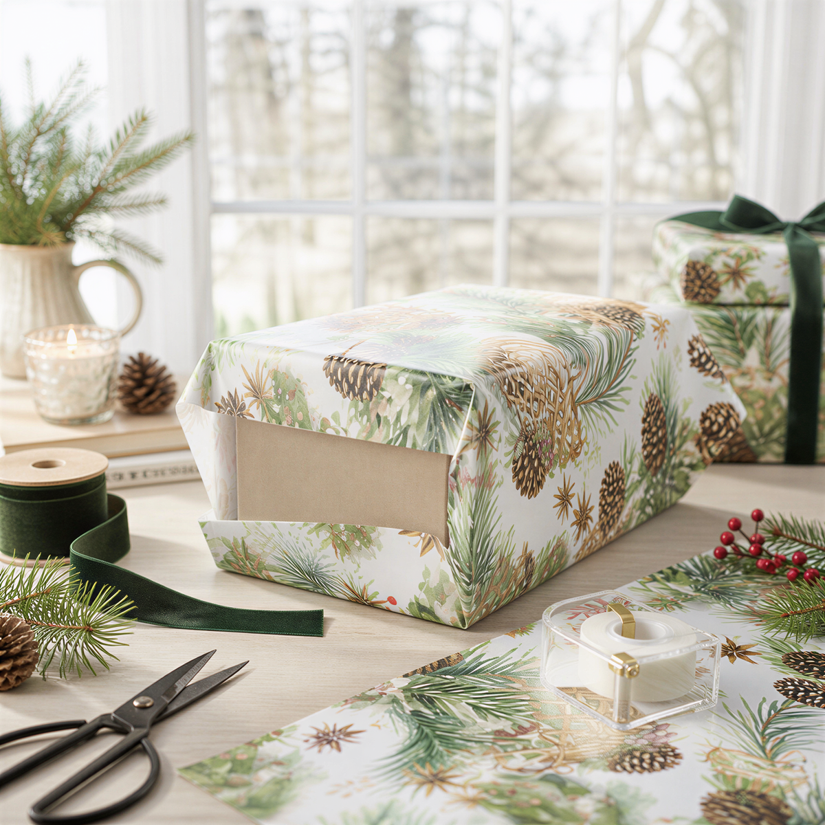 a festive scene with a Christmas-themed gift wrapping project. The wrapping paper has a pine tree pattern, and there are pine cones and other holiday decorations on the table. A pair of scissors is visible, and the wrapping paper appears to be partially unwrapped.